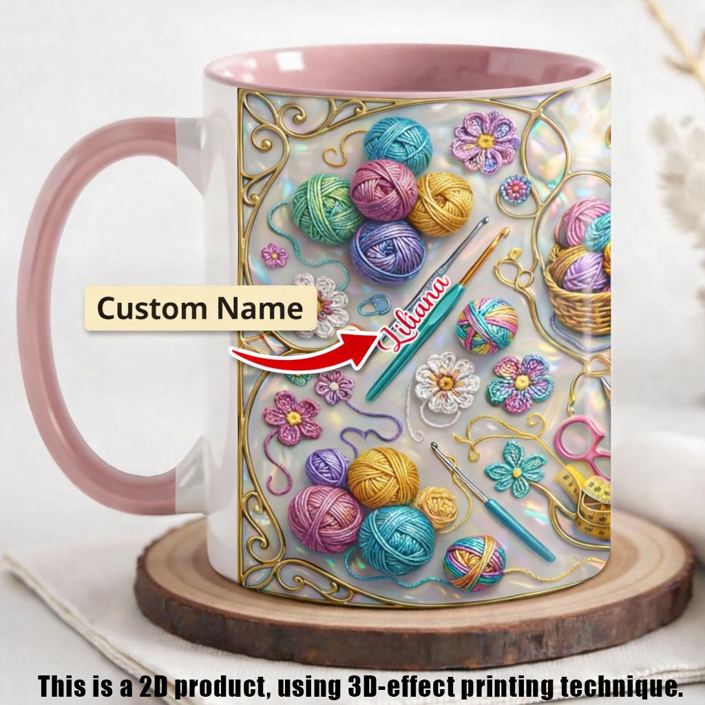Personalized Crochet Knitting Mug, Custom Name Yarn Lover Coffee Cup, Mother's Day Gift For Grandma, 3D Inflated Effect Print 2D Ceramic Mug, Unique Gift For Mom 2