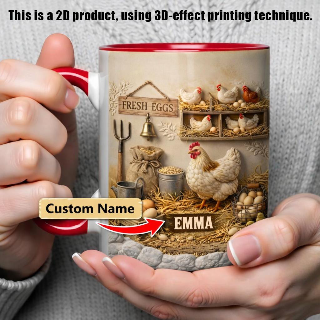 Personalized Chicken Farm Mug, Custom Name Fresh Eggs Coffee Cup, Mother's Day Gift, 3D Inflated Effect Print 2D Ceramic Mug, Crazy Chicken Lady Gift For Grandma 2
