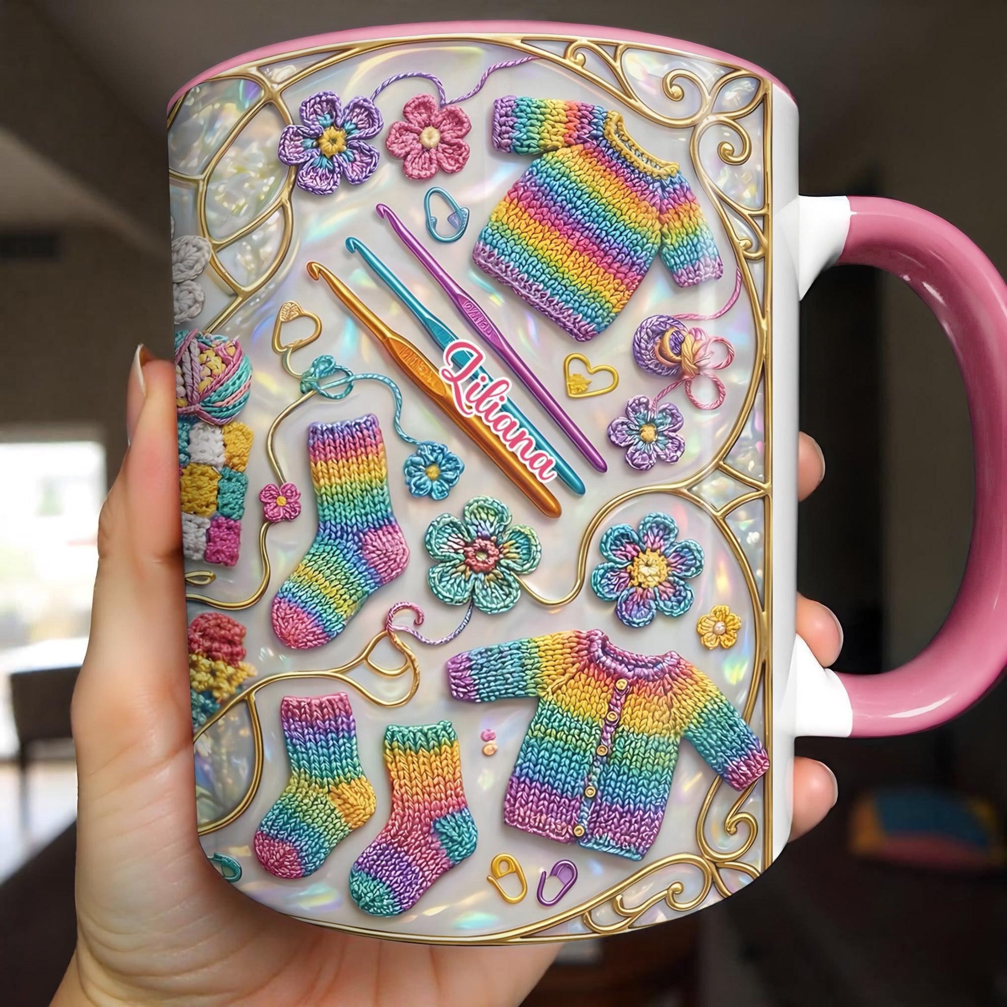 Personalized Crochet Knitting Mug, Custom Name Yarn Lover Coffee Cup, Mother's Day Gift For Grandma, 3D Inflated Effect Print 2D Ceramic Mug, Unique Gift For Mom 3