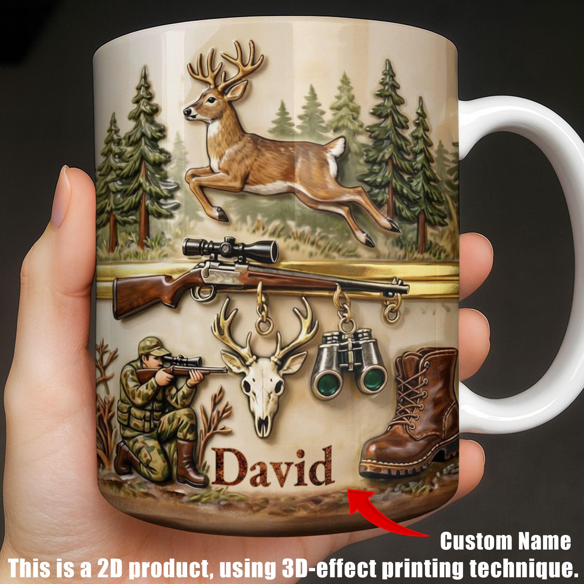 Personalized Hunting Mug, Custom Name Deer Hunter Gift, Buck Rifle Scope Coffee Cup, 3D Inflated Effect Print 2D Ceramic Mug, Best Father's Day Gift For Him 2