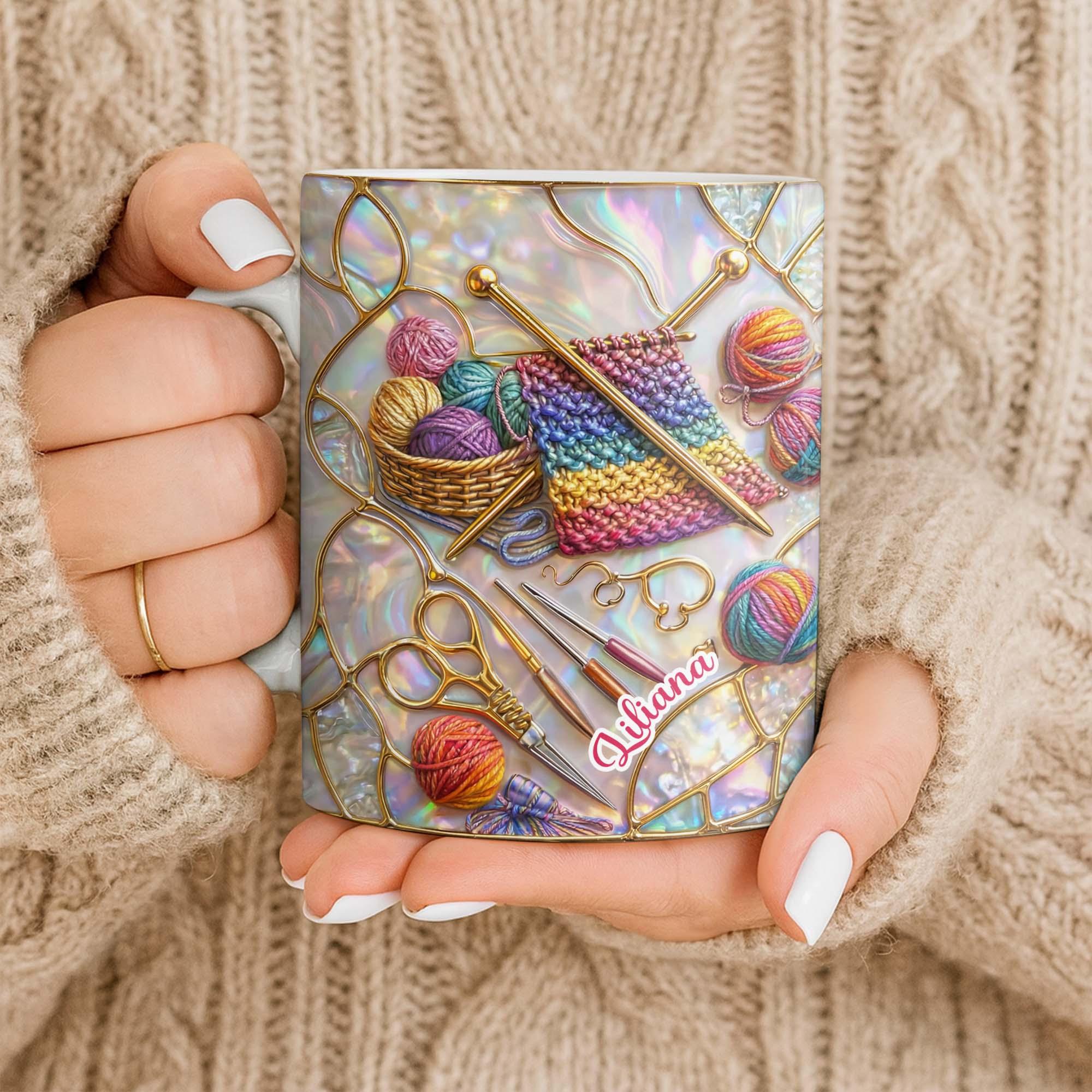 Personalized Knitting Mug, Custom Name Crochet, Mother's Day, Abalone Shell, Stained Glass Effect, 3D Inflated Effect Print 2D Ceramic Mug, Craft Lover Gift 4
