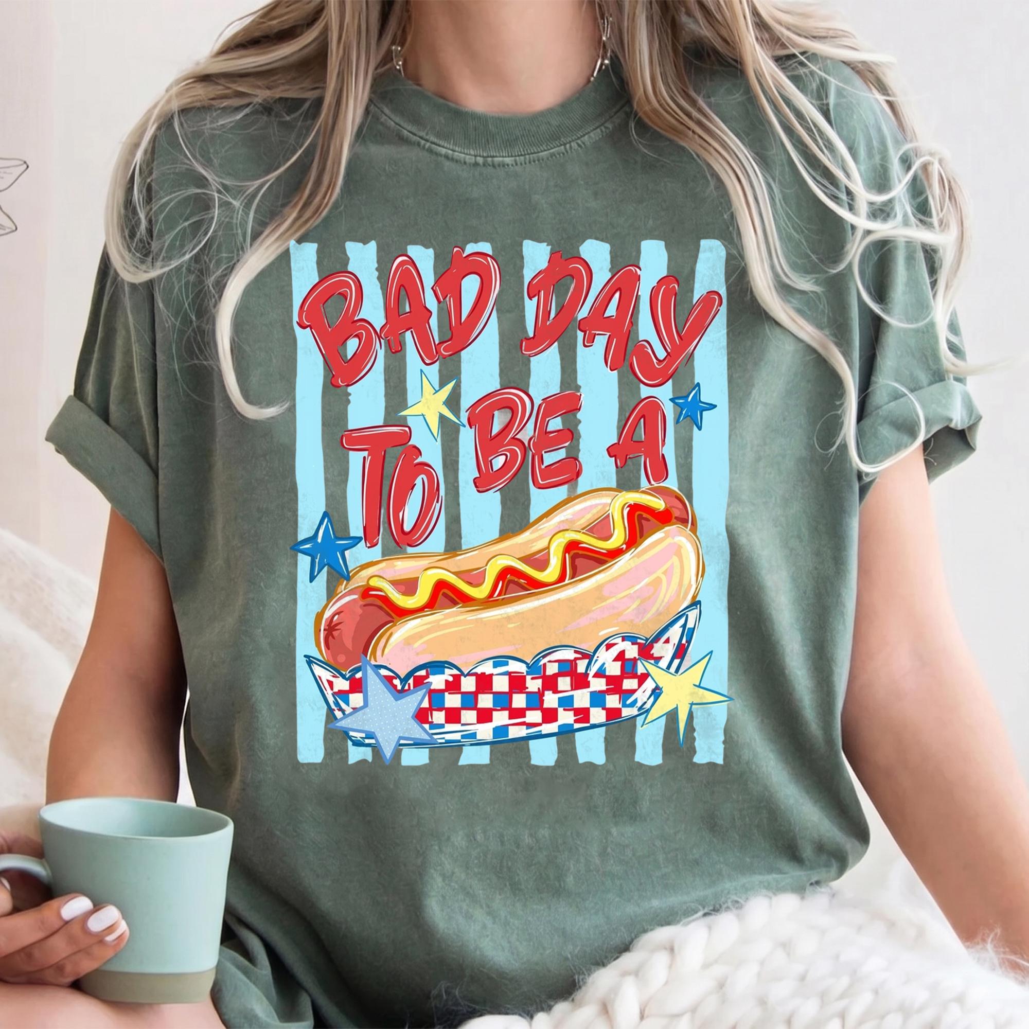 Funny Bad Day To Be A Hot Dog Graphic T-Shirt For Men And Women Adult Unisex Retro Patriotic BBQ Meme Tee Soft Cotton Comfort Summer Top Independence Day 4th Of July Glizzy Shirt Novelty Wearable Joke Festival Outfit 4