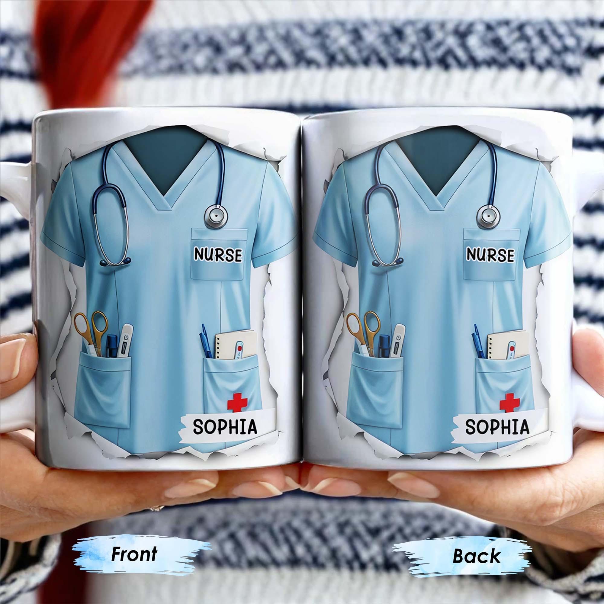 Personalized 3D Graphic Effect Nurse Coffee Mug, Custom Name Light Blue Scrubs Ceramic Cup, Nursing Student Graduation Present 4