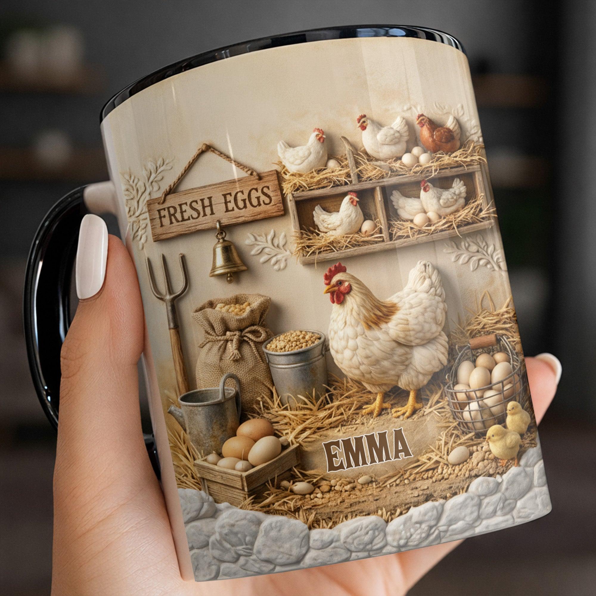 Personalized Chicken Farm Mug, Custom Name Fresh Eggs Coffee Cup, Mother's Day Gift, 3D Inflated Effect Print 2D Ceramic Mug, Crazy Chicken Lady Gift For Grandma 3