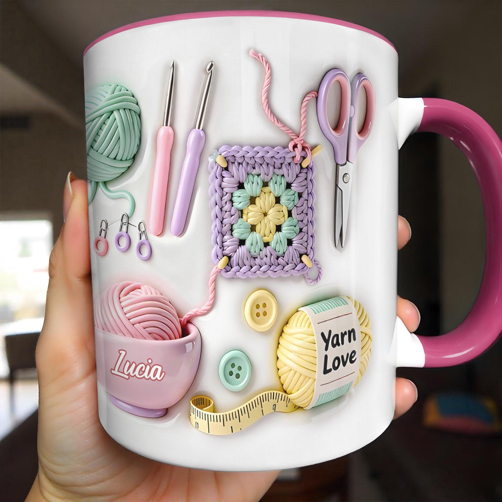 Personalized Crochet Lover Mug, Custom Name Yarn Bowl Style Cup, Mother's Day Gift For Crocheter, 3D Inflated Effect Print 2D Ceramic Mug, Choice Of Color, Granny Square Art, Gift For Grandma Nana Mom 3