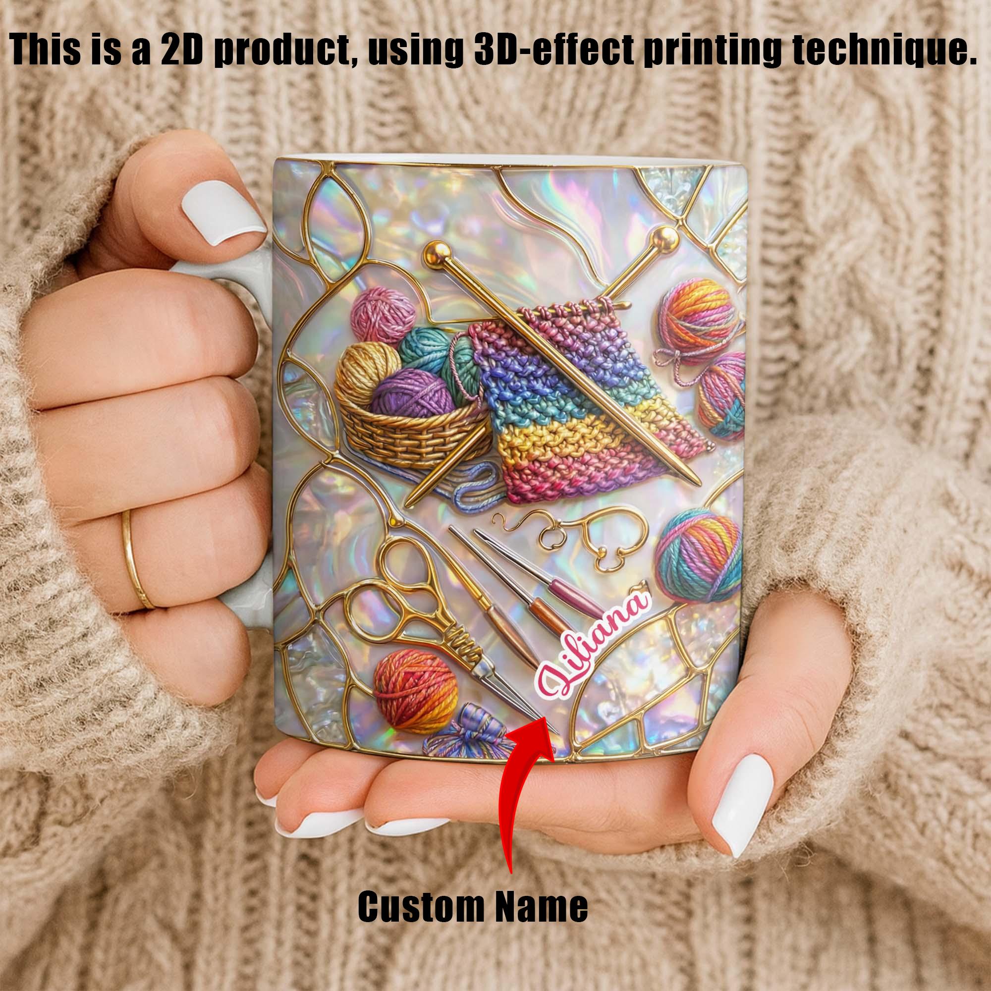 Personalized Knitting Mug, Custom Name Crochet, Mother's Day, Abalone Shell, Stained Glass Effect, 3D Inflated Effect Print 2D Ceramic Mug, Craft Lover Gift 2