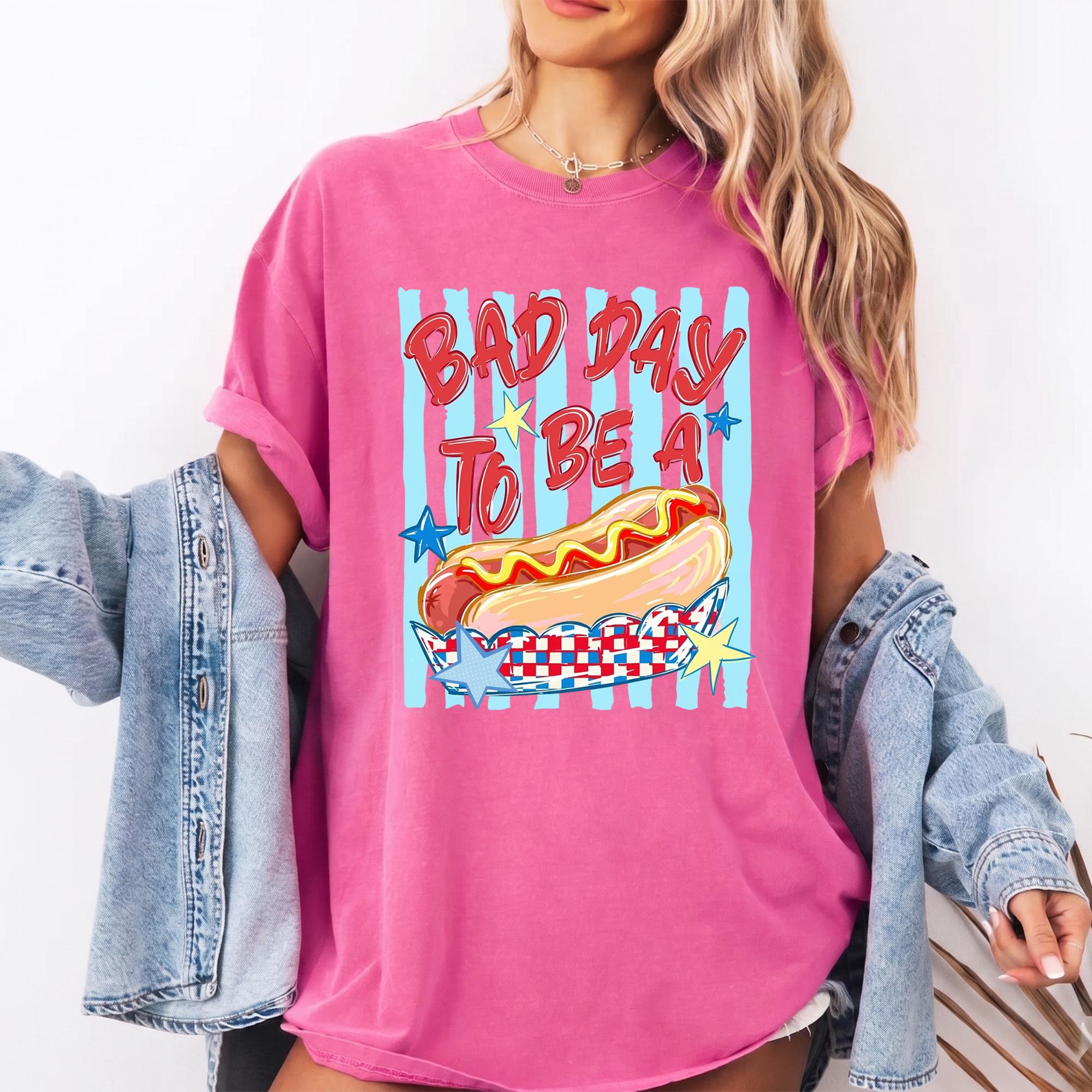 Funny Bad Day To Be A Hot Dog Graphic T-Shirt For Men And Women Adult Unisex Retro Patriotic BBQ Meme Tee Soft Cotton Comfort Summer Top Independence Day 4th Of July Glizzy Shirt Novelty Wearable Joke Festival Outfit 2
