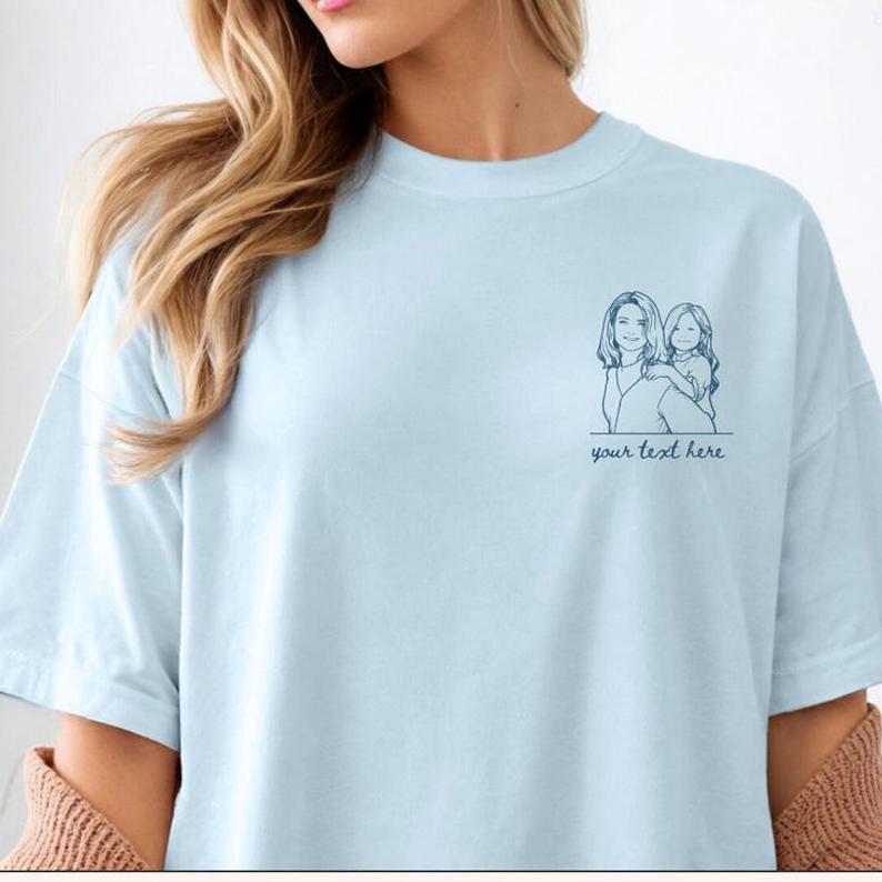 Custom Photo To Line Art Portrait Shirt, Personalized Minimalist Outline Drawing, Your Text Here, Unique Mother Child Gift, Retro Washed Cotton Top, Unisex Comfort Tee. 3