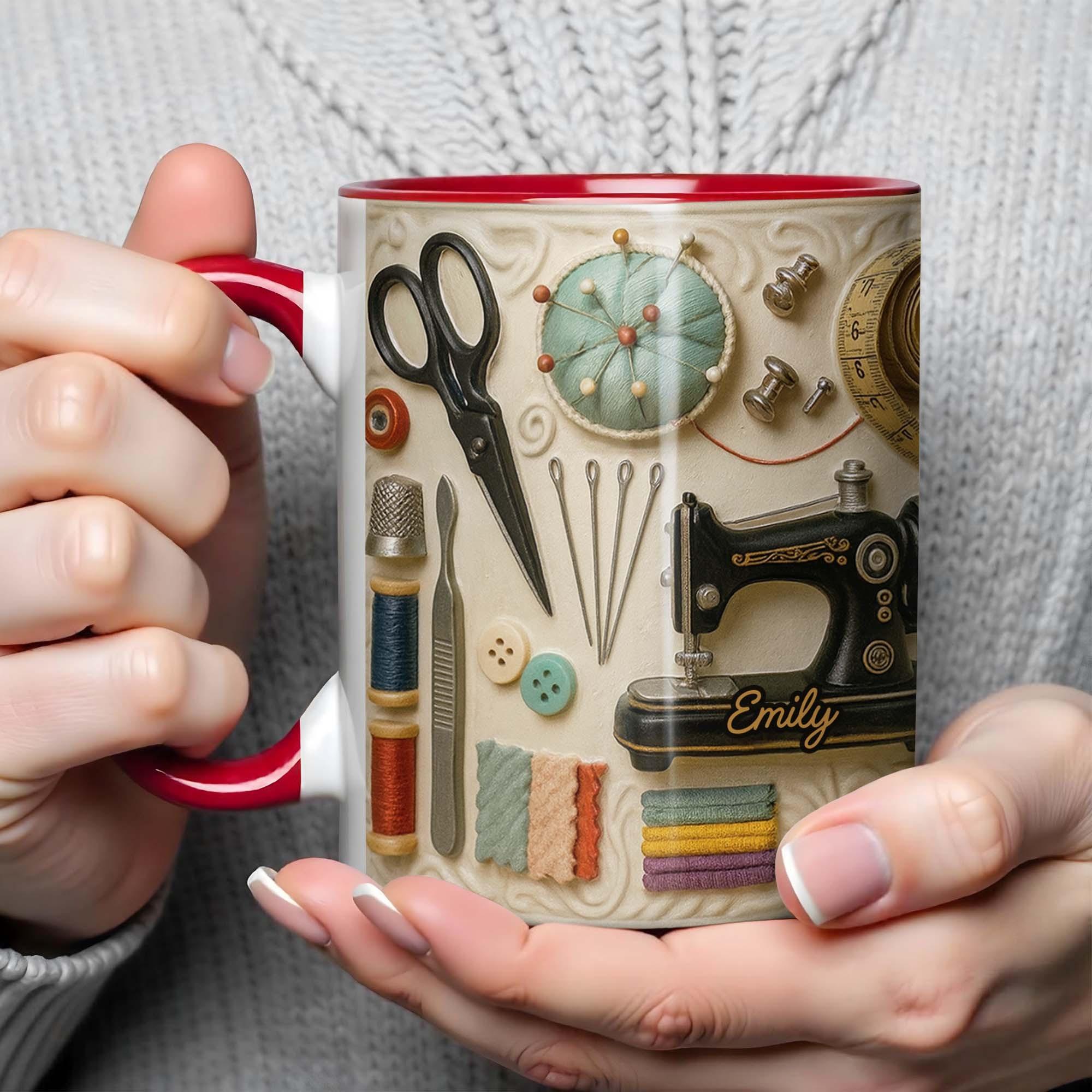 Personalized 3D Effect Sewing Coffee Mug, Custom Name Quilter Ceramic Cup, Seamstress Hobbyist Maker Mug, Pink Accented Tailor Present