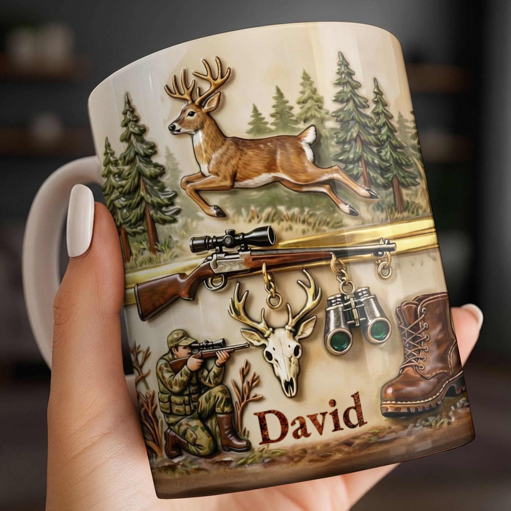 Personalized Hunting Mug, Custom Name Deer Hunter Gift, Buck Rifle Scope Coffee Cup, 3D Inflated Effect Print 2D Ceramic Mug, Best Father's Day Gift For Him 4