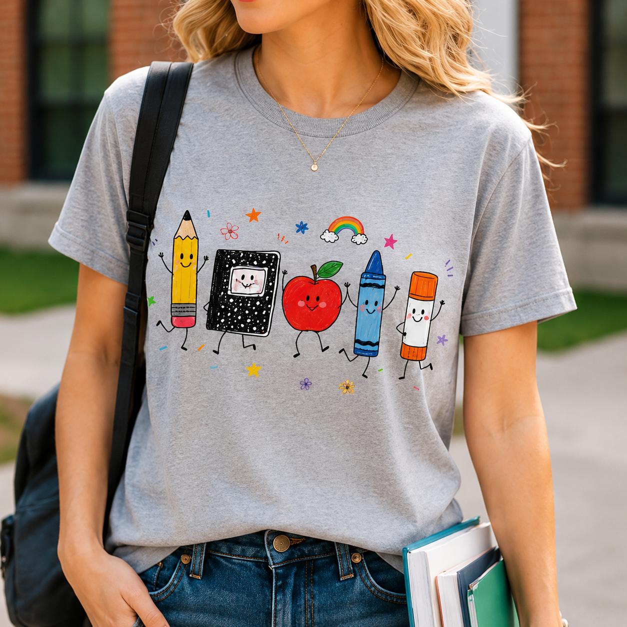 Cute Back To School Teacher Shirt Playful School Supplies T-Shirt For Women Elementary Pre-K Kindergarten Retro Doodle Aesthetic Cream Cotton Blend Funny Teacher Appreciation Gift Oversized Team Top Comfort Outfit 4