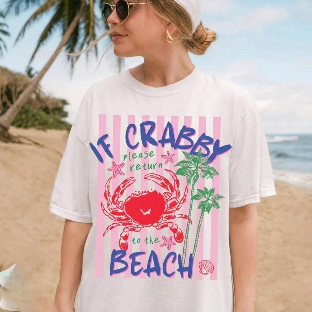 Women's Ultra Soft Premium Cotton Vintage Coastal Crab Graphic Tshirt - Ribbed Round Neck Top, Casual Breathable Streetwear, Retro Palm Tree Wrap Fit Beach Summer Clothes 2