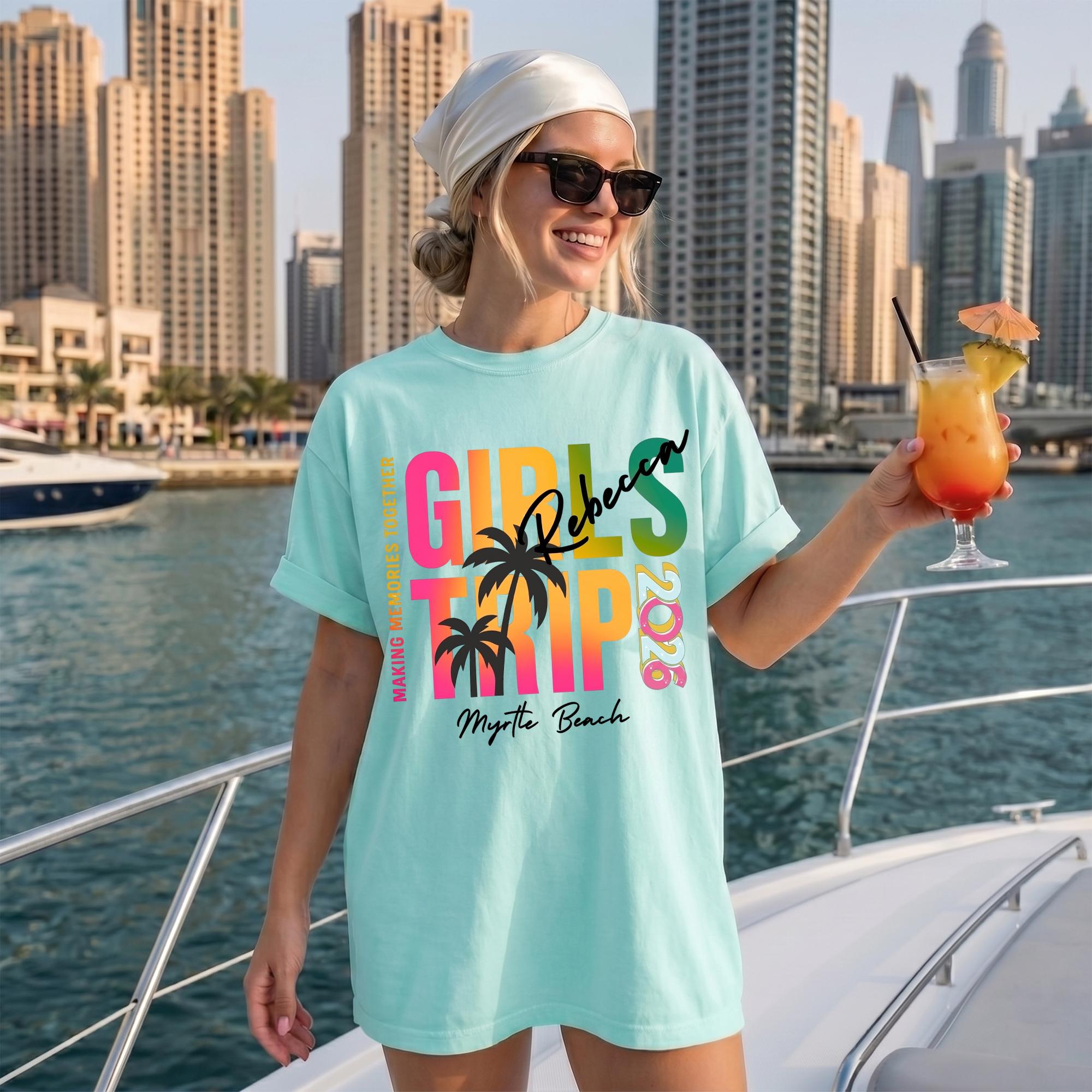 Personalized Girls Trip Shirt 2026 Custom Girls Group Vacation Tee for Bachelorette Party & Matching Travel Outfits Myrtle Beach Vacation Clothes Retro Summer Aesthetic Matching Tee for Besties Custom Name Girls Trip Apparel 4