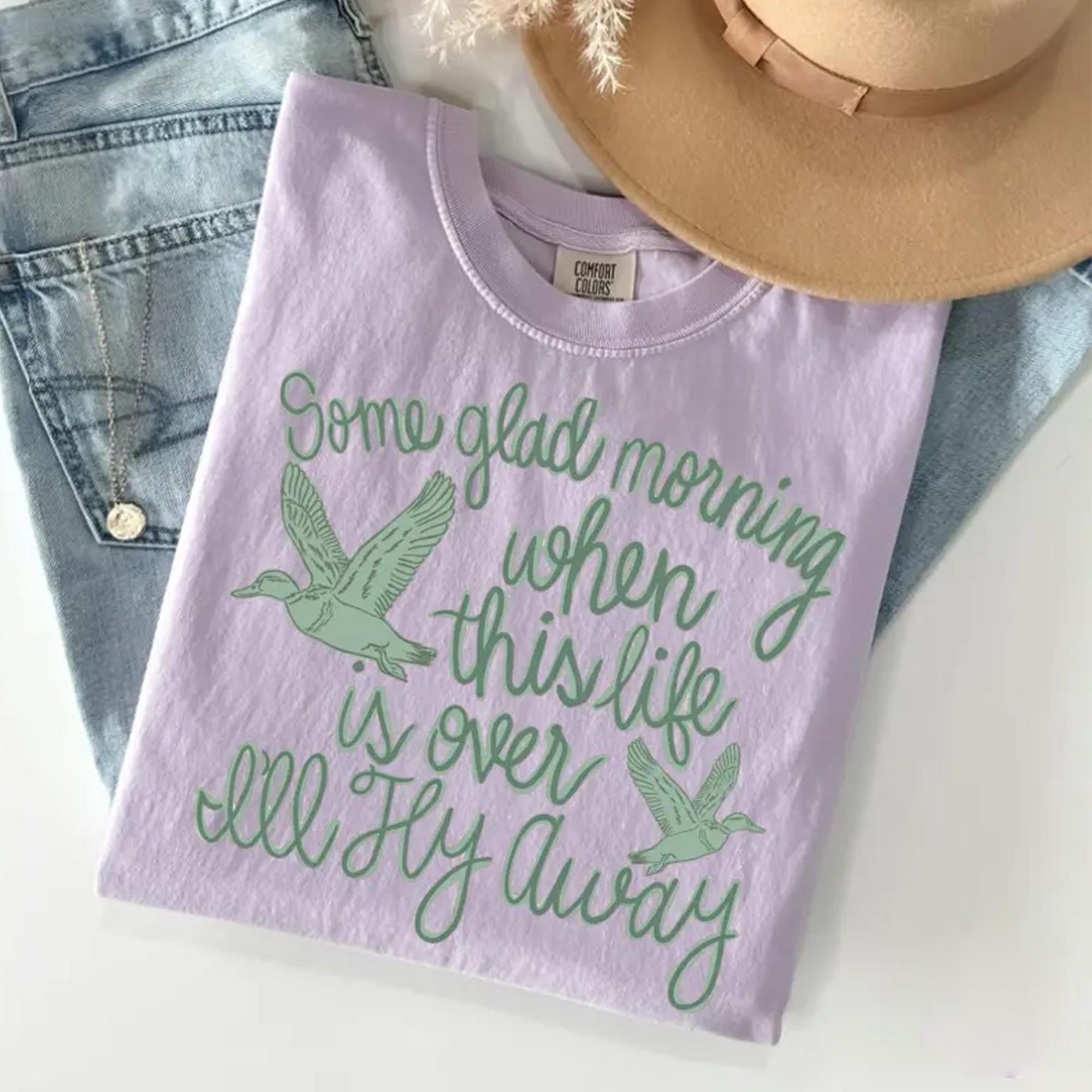 Women's Ribbed Soft Round Neck Shortsleeve Apparel - "I'll Fly Away" Hymn Graphic Christian Faith-Inspirational Boho Vintage Cream Cotton Duck Casual T-Shirt (Unisex Country Western Style) 3