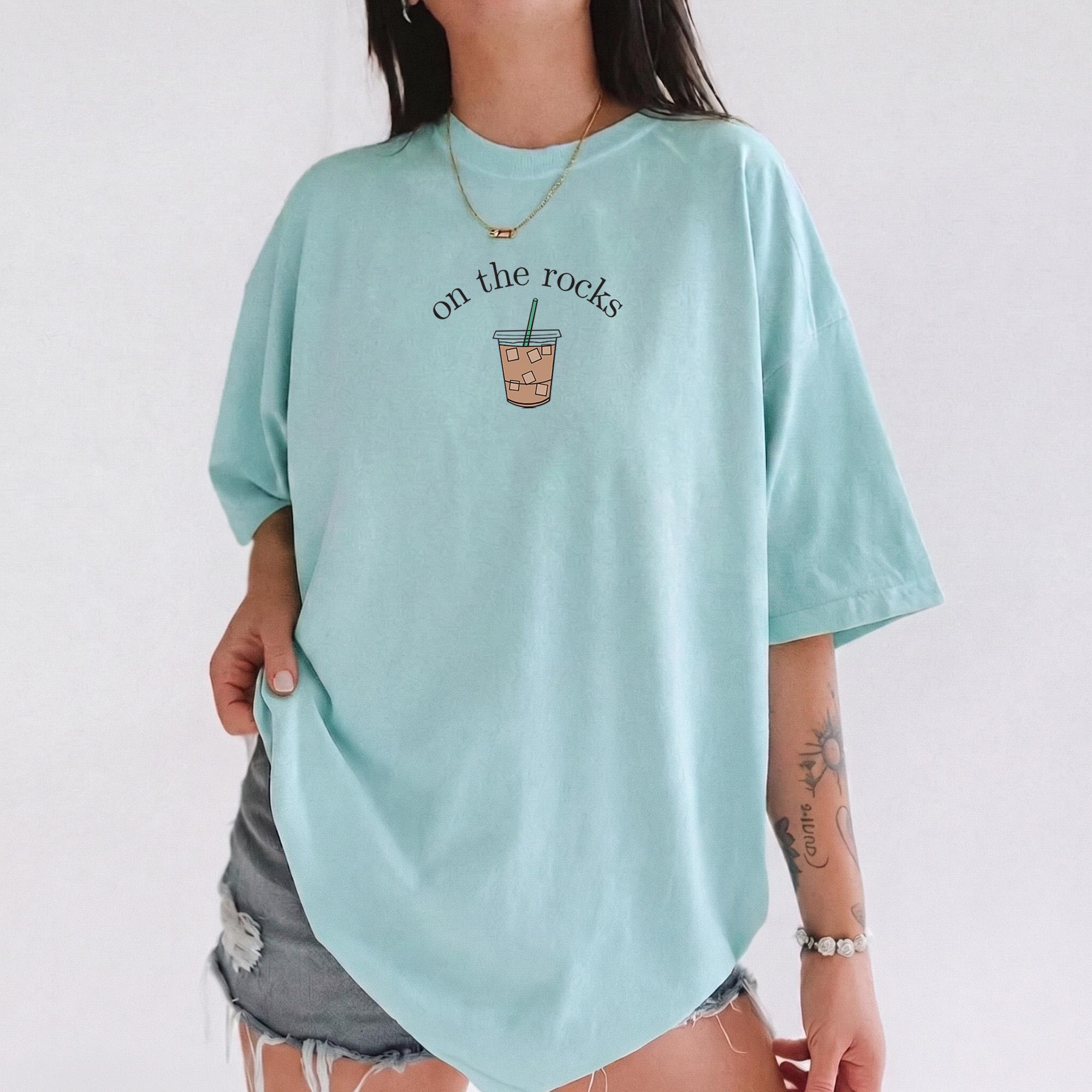 On The Rocks Iced Coffee Graphic T-Shirt for Women Trendy Minimalist Preppy Aesthetic Cream Cotton Blend Coffee Shirt Iced Coffee Lover Gift Coffee Lover Tee Funny Coffee Gift Coffee T-Shirt Coffee T-Shirt Trendy Coffee Lover Shirt 4