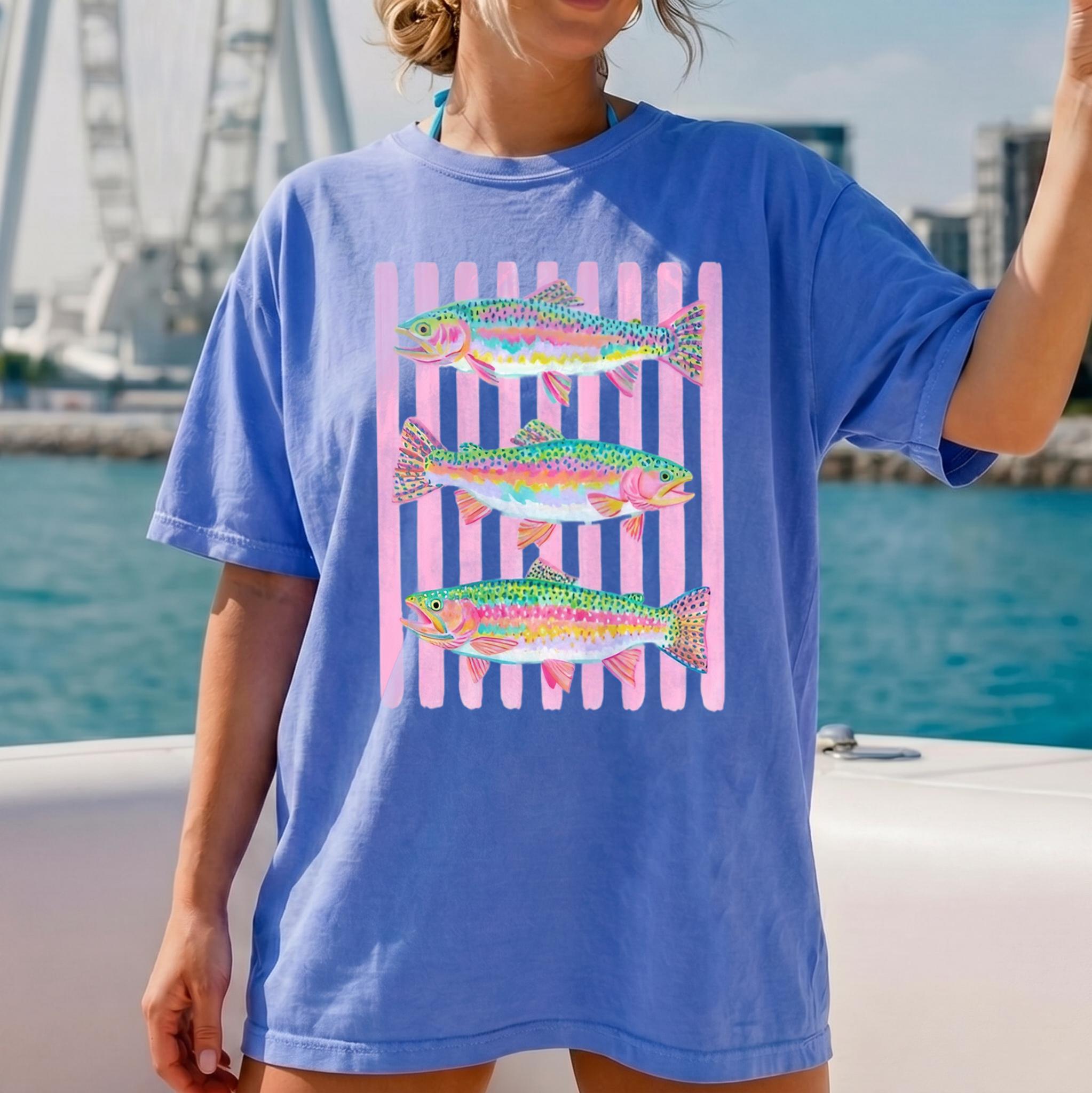 Preppy Rainbow Fish Oversized T-Shirt for Women Unisex Retro Vintage Colorful Maximalist Brown Cotton Abstract Colorful Trout In A Row Graphic Tee Summer Lake Life Apparel Girls Fish Style Fishing Apparel Tops 4