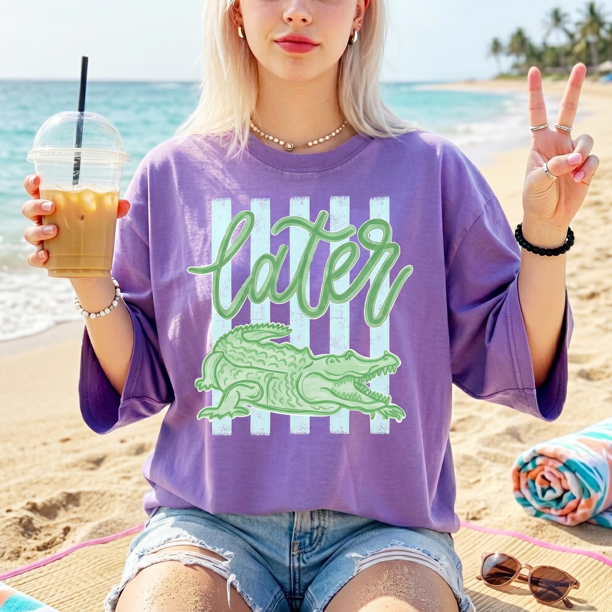 See You Later Alligator In A While Crocodile Graphic Summer T-Shirt For Women Teens Preppy Retro Beach Aesthetic Light Pastel Yellow Cotton Blend Playful Rhyming Farewell Phrase Funny Animal Print Tee Trendy Casual Vacation Outfit Tops 4