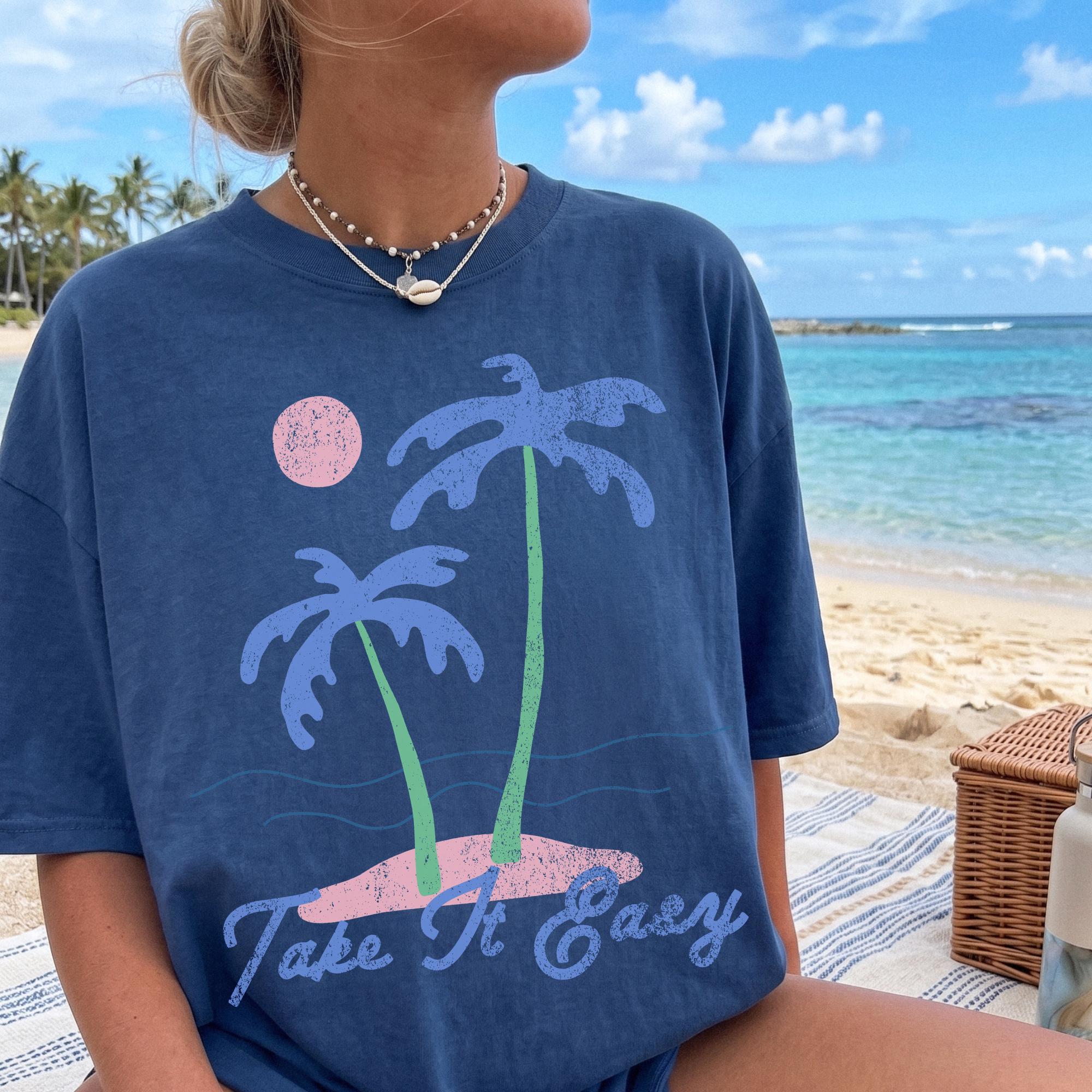 Take It Easy Palm Tree Graphic Oversized T-Shirt for Women and Teens Retro Coastal Granddaughter Beachy Summer Preppy Aesthetic Cream Casual Loose Fit Vacation Graphic Tee Trendy Y2K Summervibes Lounge Wear 3