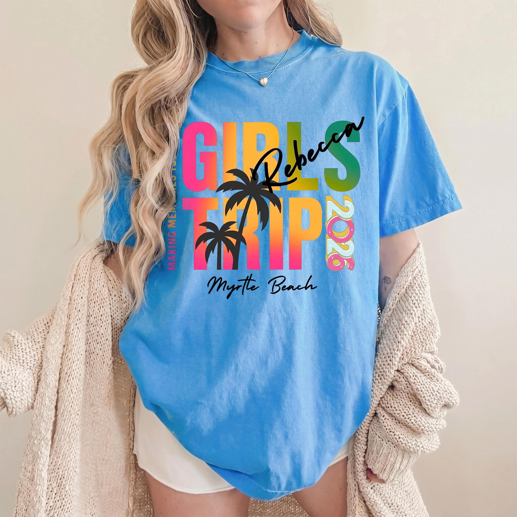 Personalized Girls Trip Shirt 2026 Custom Girls Group Vacation Tee for Bachelorette Party & Matching Travel Outfits Myrtle Beach Vacation Clothes Retro Summer Aesthetic Matching Tee for Besties Custom Name Girls Trip Apparel 2