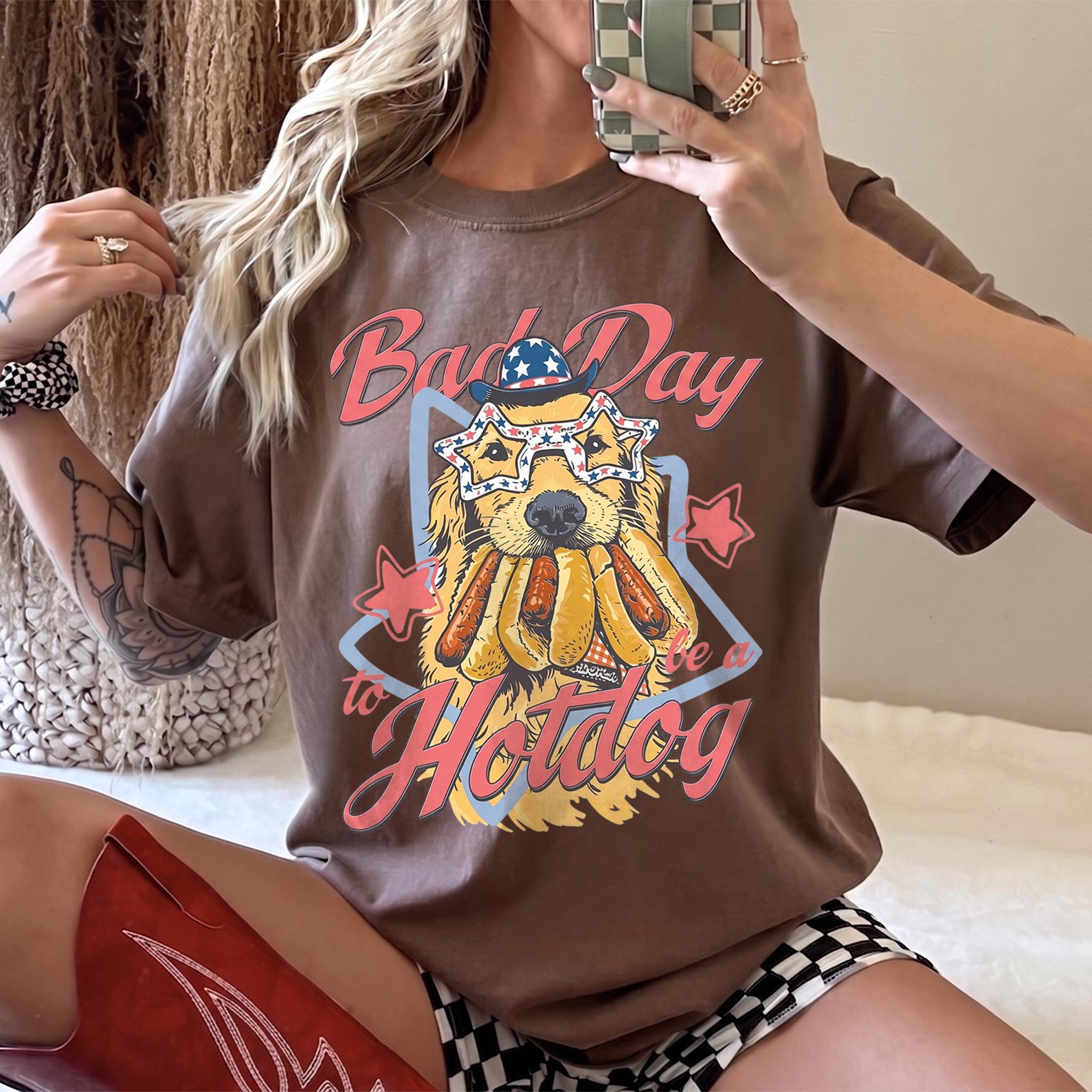 Bad Day To Be A Hotdog Tshirt Funny Independence Day Shirt Golden Retriever 4th Of July Tee Cute 4th of July Dog Lover Gifts USA Patriotic Star Glasses Puppy Graphic T-Shirt Vintage Top for Women Men 2