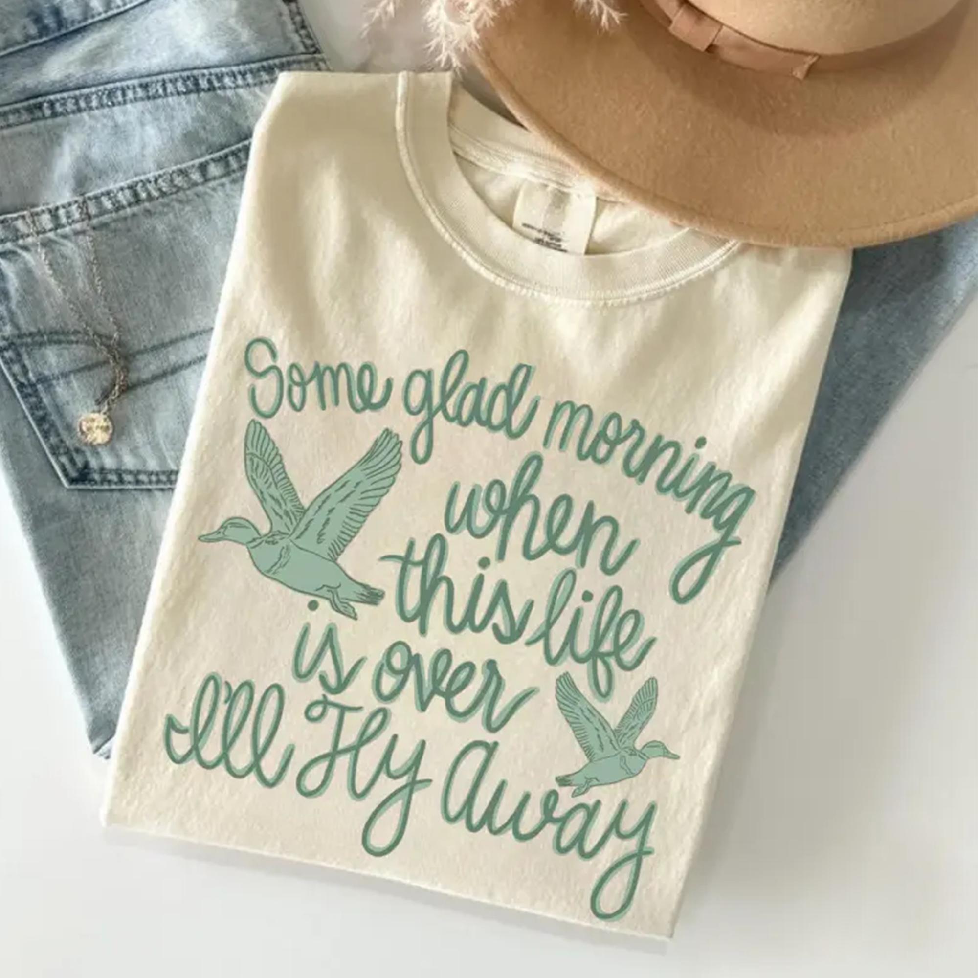 Women's Ribbed Soft Round Neck Shortsleeve Apparel - "I'll Fly Away" Hymn Graphic Christian Faith-Inspirational Boho Vintage Cream Cotton Duck Casual T-Shirt (Unisex Country Western Style) 2
