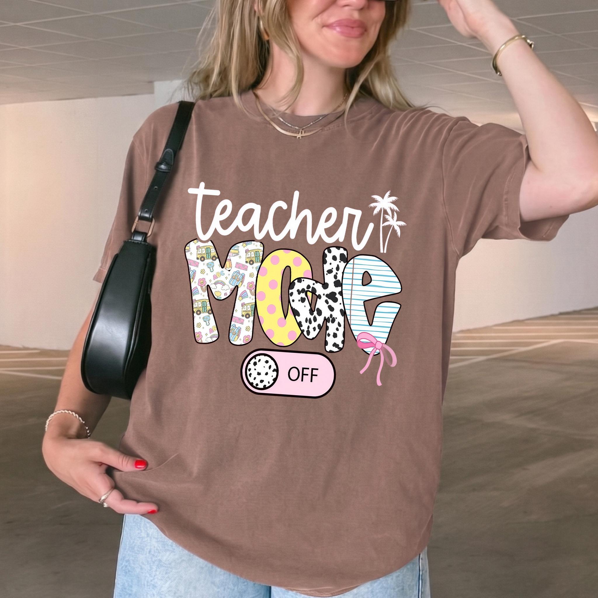 Women's Ribbed Cotton Fabric T-Shirt - Loose, Breathable, Oversized, Graphic, Pepper Dark Gray, Cow Print Bow, Streetwear, Casual, Matching Wrap, Teacher Mode Off, Preppy Coquette Vintage Washed Aesthetic, End of School Year Gift 4