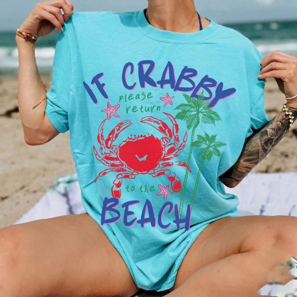 Women's Ultra Soft Premium Cotton Vintage Coastal Crab Graphic Tshirt - Ribbed Round Neck Top, Casual Breathable Streetwear, Retro Palm Tree Wrap Fit Beach Summer Clothes 3