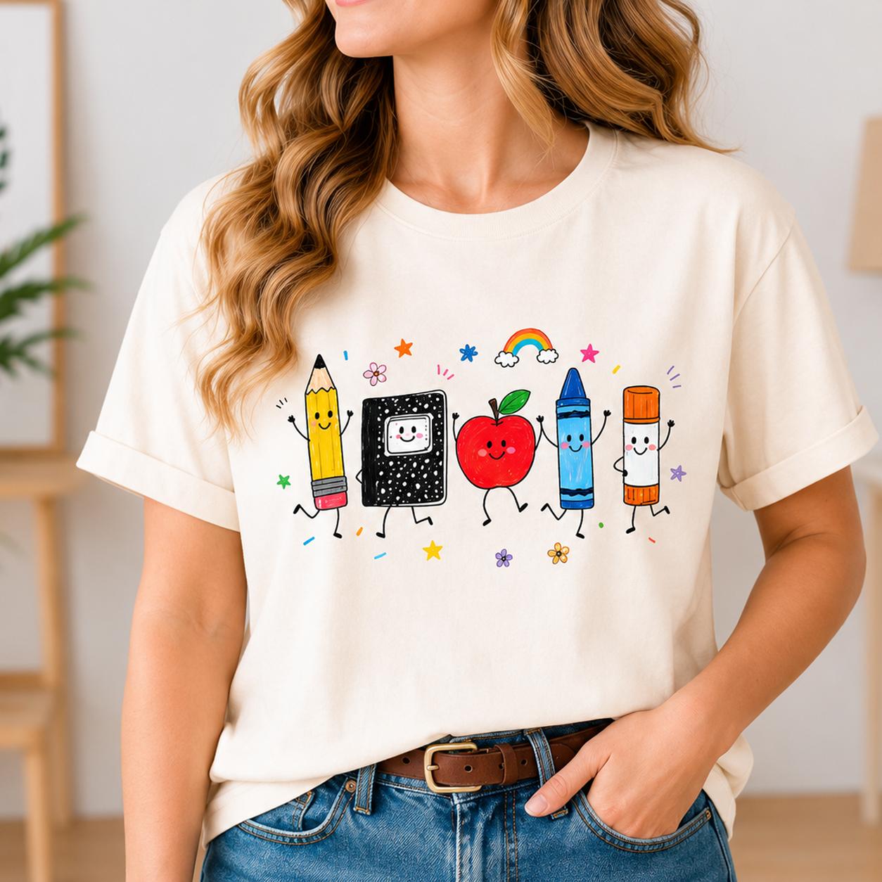 Cute Back To School Teacher Shirt Playful School Supplies T-Shirt For Women Elementary Pre-K Kindergarten Retro Doodle Aesthetic Cream Cotton Blend Funny Teacher Appreciation Gift Oversized Team Top Comfort Outfit 3