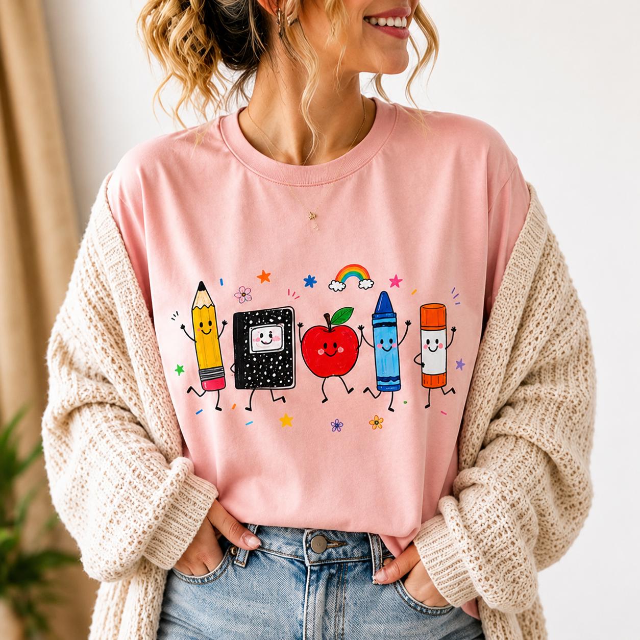 Cute Back To School Teacher Shirt Playful School Supplies T-Shirt For Women Elementary Pre-K Kindergarten Retro Doodle Aesthetic Cream Cotton Blend Funny Teacher Appreciation Gift Oversized Team Top Comfort Outfit 2