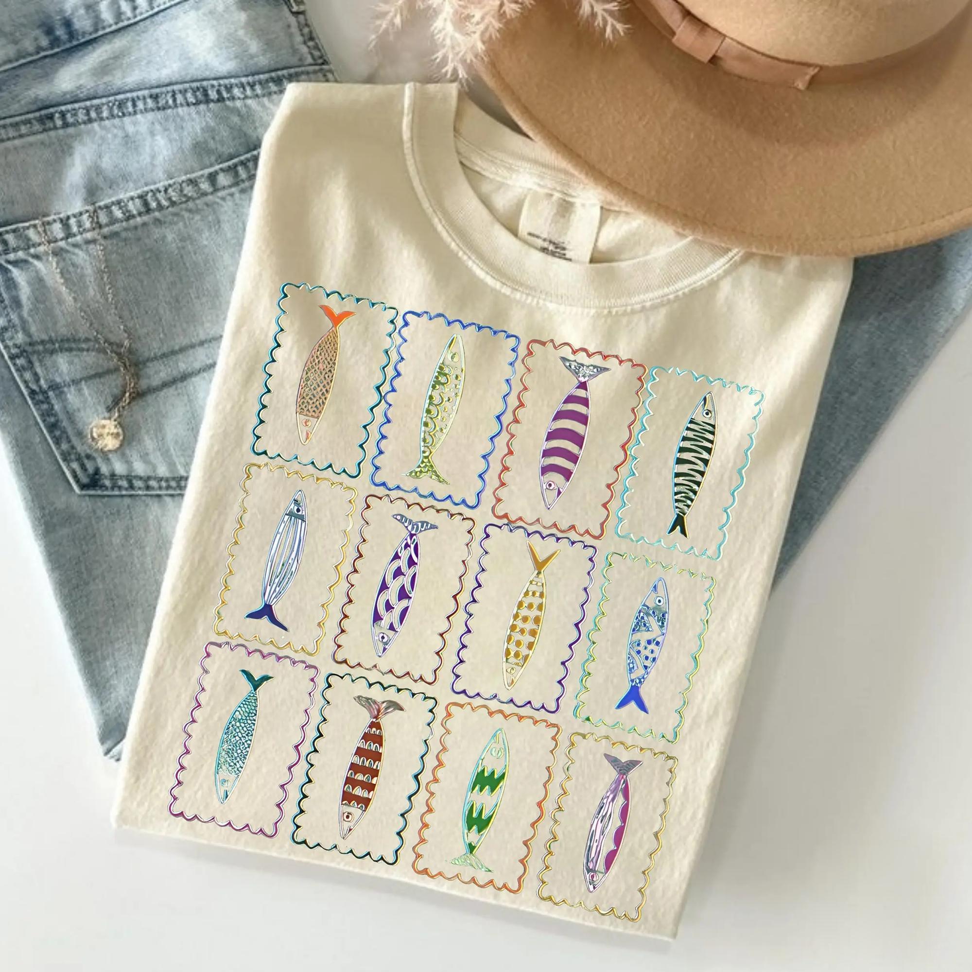 Women's Crew Neck Casual Short Sleeve Cream Cotton T-Shirt - Colorful Quirky Sardines Tin Fish Graphic, Coastal Mediterranean Aesthetic, Tinned Fish Lover Apparel, Marine Life Vacation Top 2