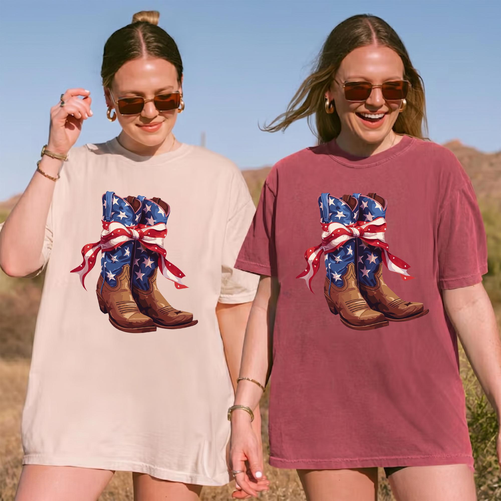Vintage Cowboy Boot Bow Graphic T-Shirt Patriotic 4th of July Western Cowgirl Oversized Tee American Flag Star Ribbon Boots Graphic Shirt Cute Country Music Concert Top Women American Flag Patriotic Cowboy Boots Graphic Tee 2