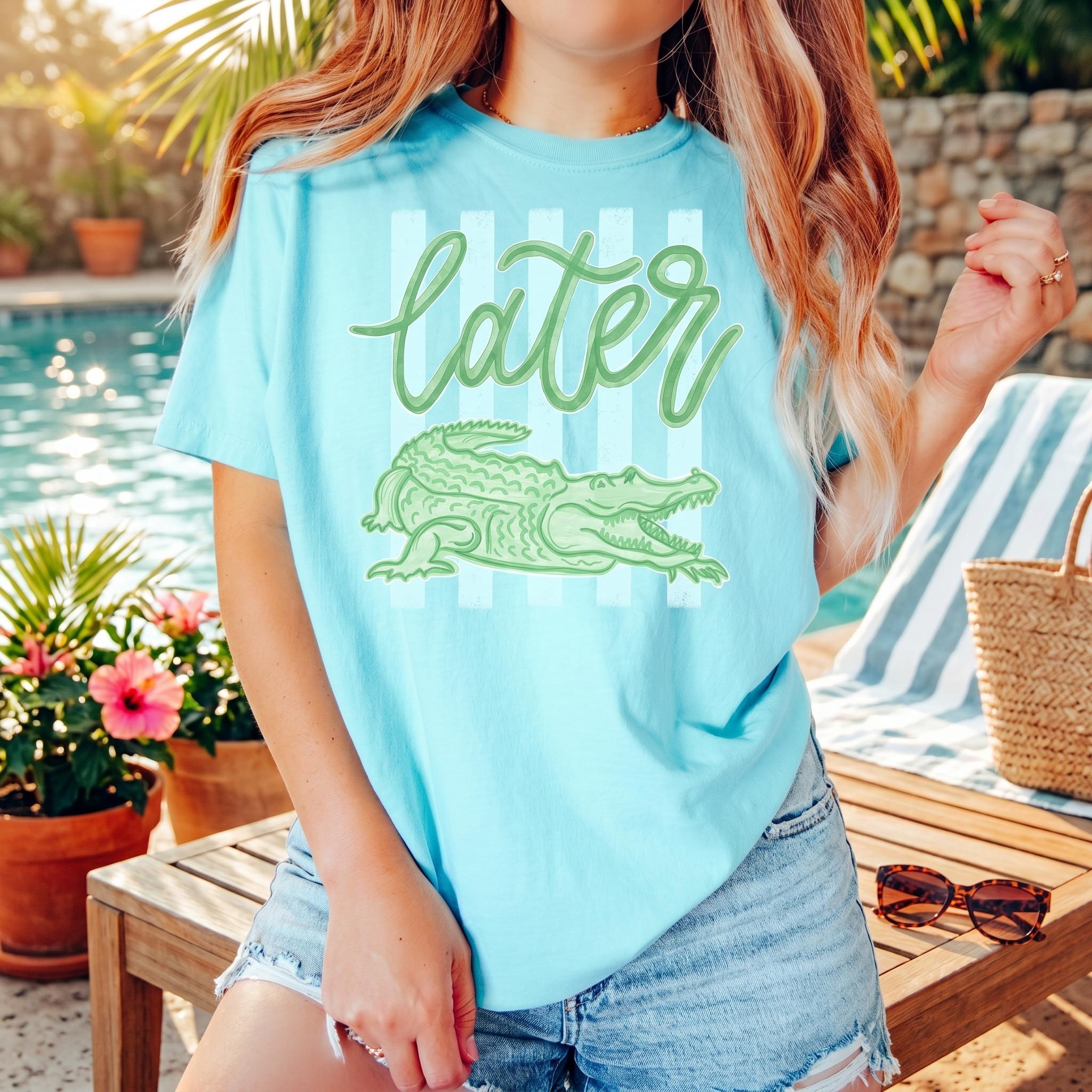 See You Later Alligator In A While Crocodile Graphic Summer T-Shirt For Women Teens Preppy Retro Beach Aesthetic Light Pastel Yellow Cotton Blend Playful Rhyming Farewell Phrase Funny Animal Print Tee Trendy Casual Vacation Outfit Tops 3