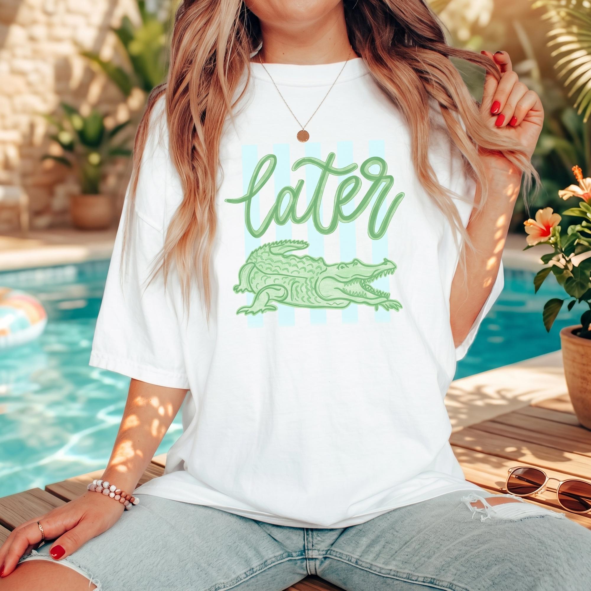 See You Later Alligator In A While Crocodile Graphic Summer T-Shirt For Women Teens Preppy Retro Beach Aesthetic Light Pastel Yellow Cotton Blend Playful Rhyming Farewell Phrase Funny Animal Print Tee Trendy Casual Vacation Outfit Tops 2