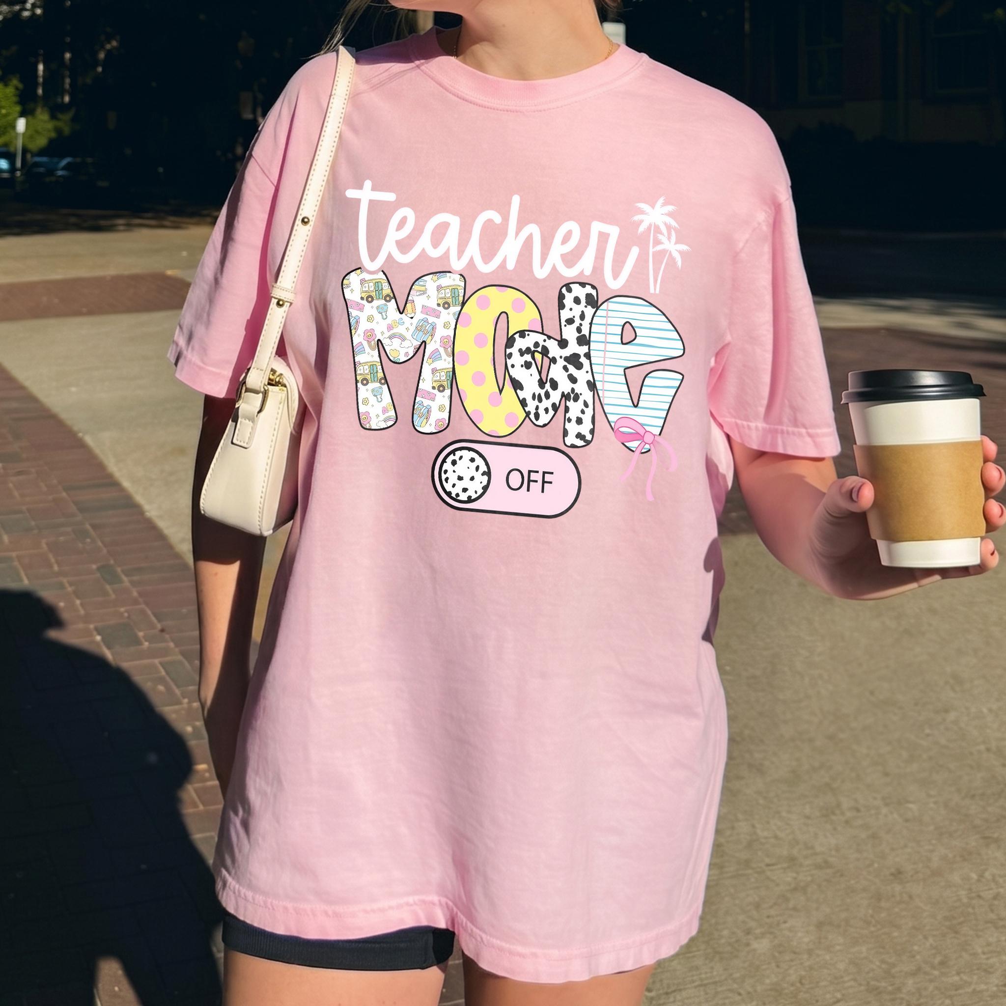 Women's Ribbed Cotton Fabric T-Shirt - Loose, Breathable, Oversized, Graphic, Pepper Dark Gray, Cow Print Bow, Streetwear, Casual, Matching Wrap, Teacher Mode Off, Preppy Coquette Vintage Washed Aesthetic, End of School Year Gift 3