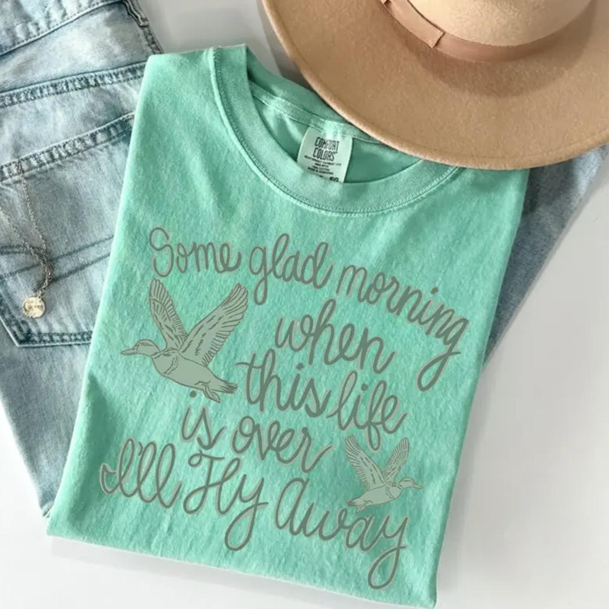 Women's Ribbed Soft Round Neck Shortsleeve Apparel - "I'll Fly Away" Hymn Graphic Christian Faith-Inspirational Boho Vintage Cream Cotton Duck Casual T-Shirt (Unisex Country Western Style) 4