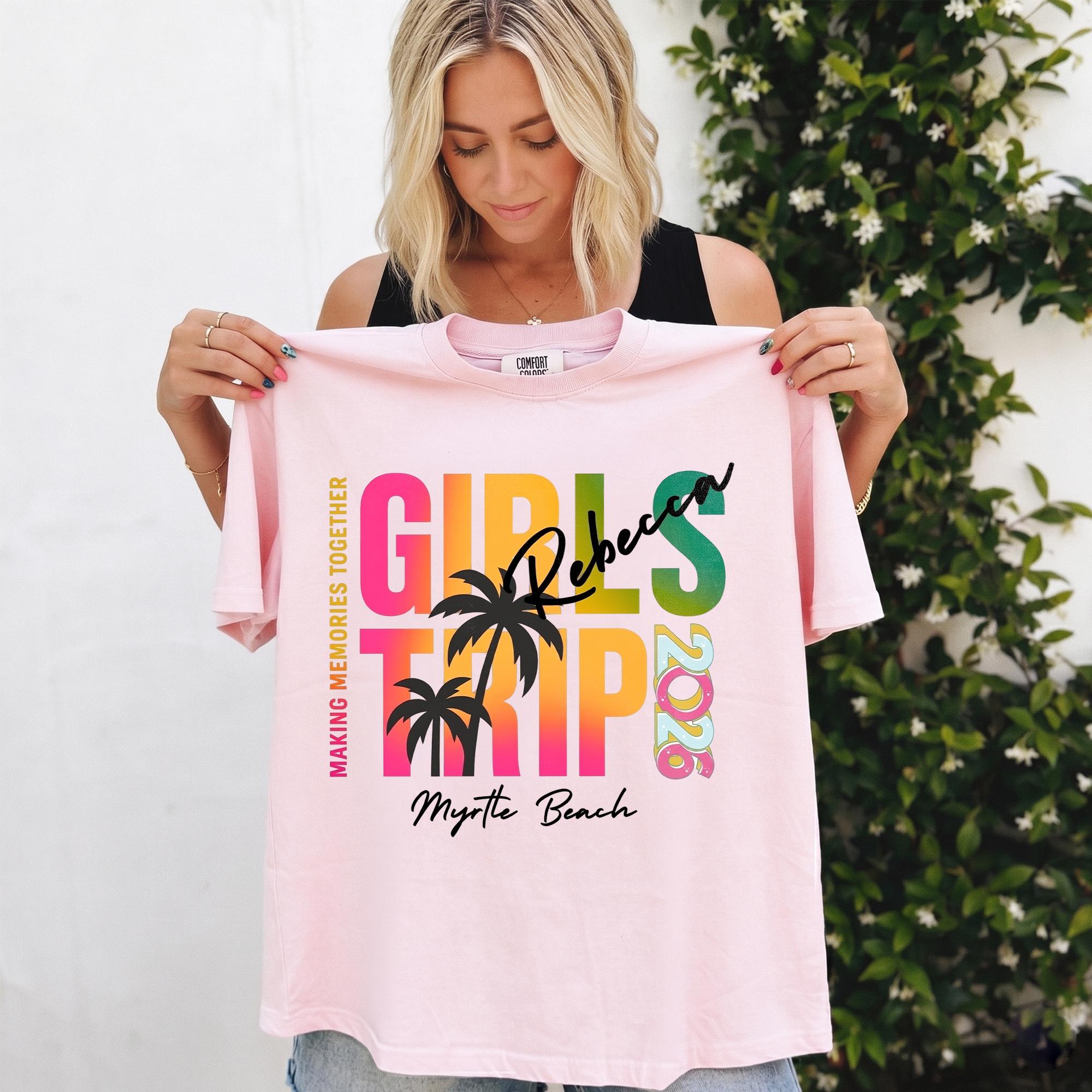 Personalized Girls Trip Shirt 2026 Custom Girls Group Vacation Tee for Bachelorette Party & Matching Travel Outfits Myrtle Beach Vacation Clothes Retro Summer Aesthetic Matching Tee for Besties Custom Name Girls Trip Apparel 3
