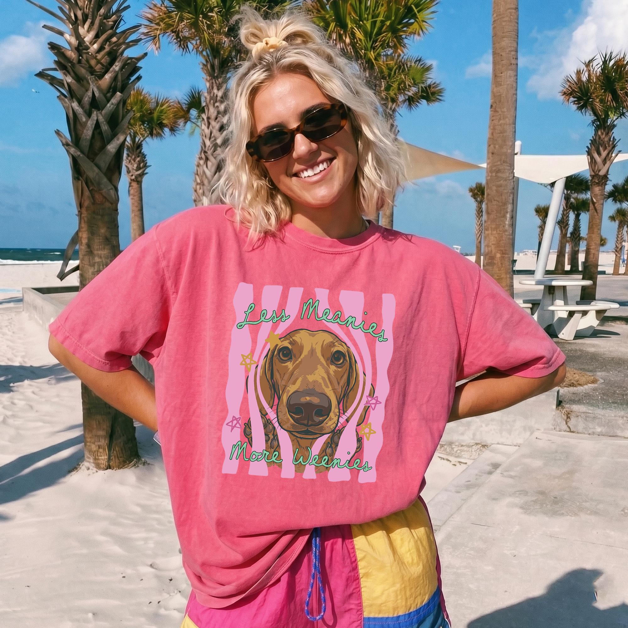 Personalized Less Meanies More Weenies Funny Dachshund T-Shirt For Women And Dog Lovers Retro Preppy Coquette Cream Cotton Graphic Tee Wiener Dog Graphic Top Doxie Mom T-Shirt Retro Pet Lover Shirt Personalized Birthday Gift 2