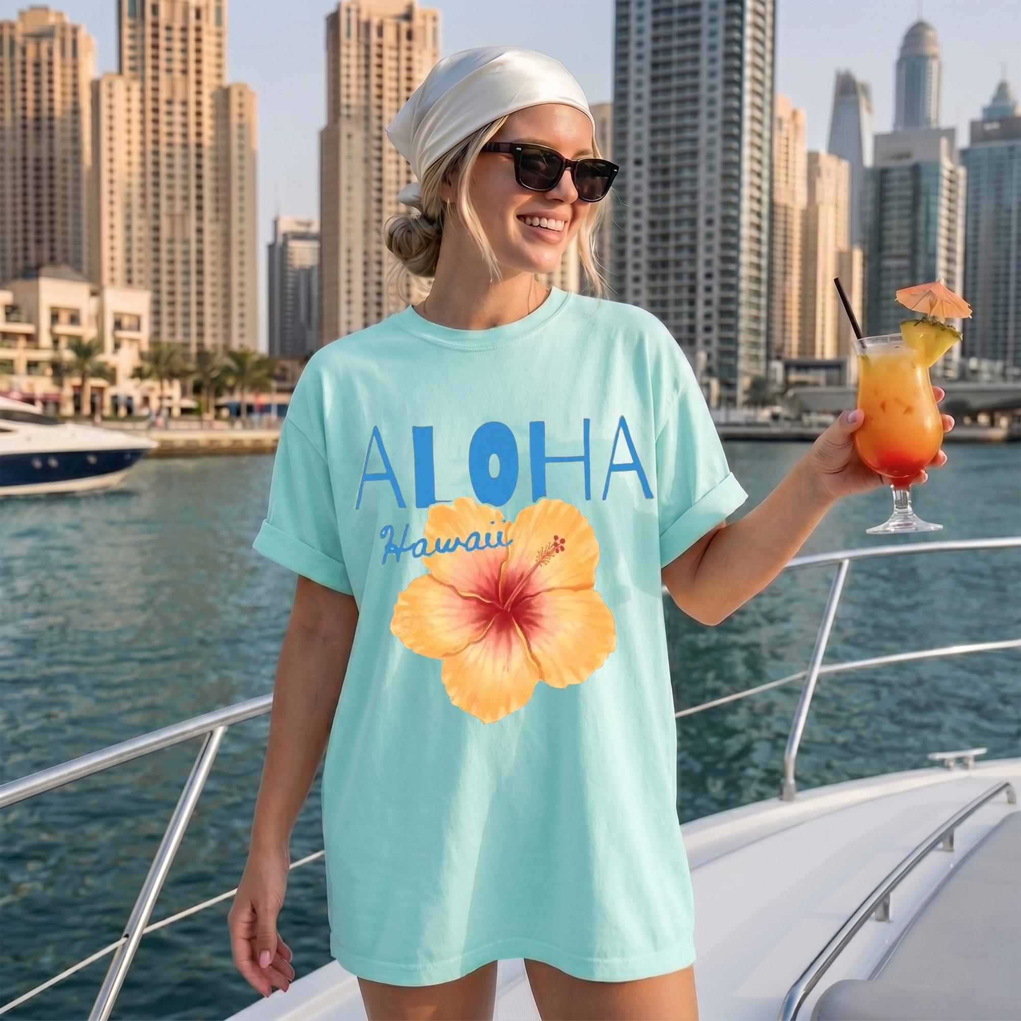 Aloha Hawaii Hibiscus Graphic Oversized T-Shirt For Women Retro Summer Beach Preppy Aesthetic Banana Yellow Casual Cotton Tee Trendy Summer Flower Shirt Aloha Hawaii TShirt Retro Summer Top Hawaiian Shirt Beach Lover Tee 2