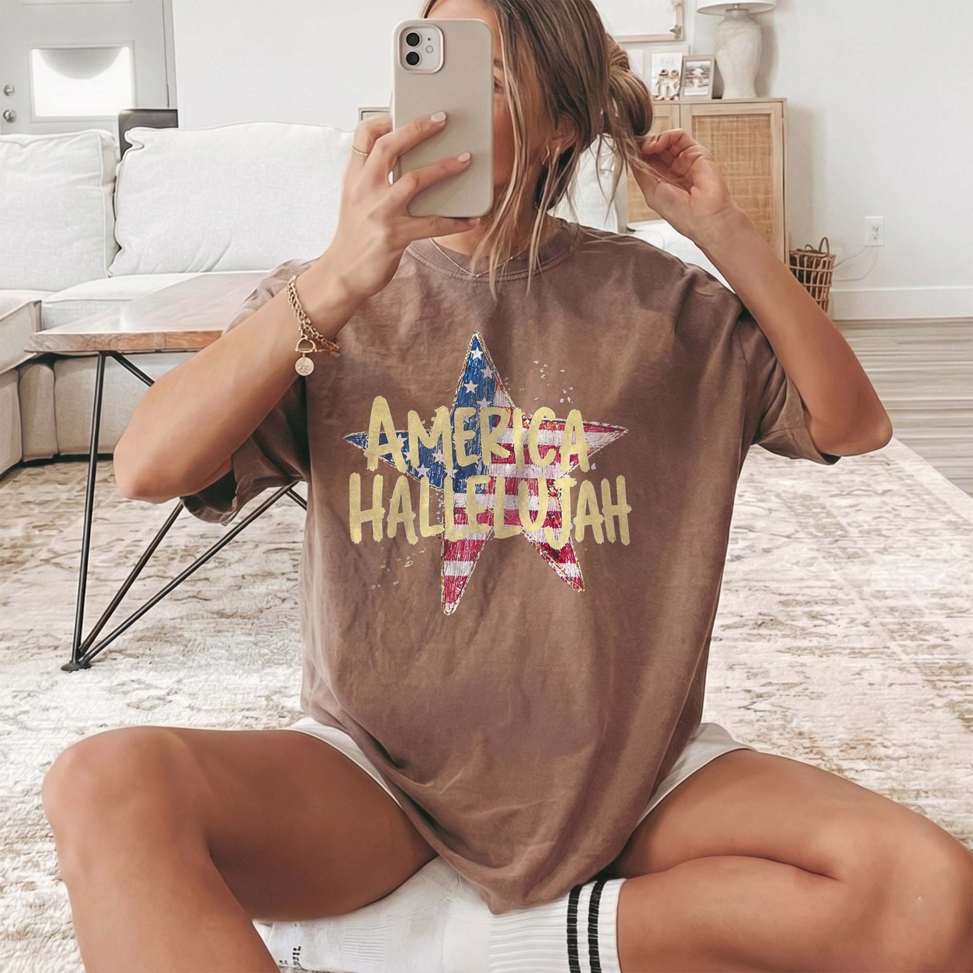 America Hallelujah Graphic T-Shirt For Women Western Country Retro Patriotic 4th of July Brown Cotton Summer Festival Top Cowgirl Shirt USA Flag Star Distressed Vintage Tee American Pride Holiday Concert Apparel Outfit 2