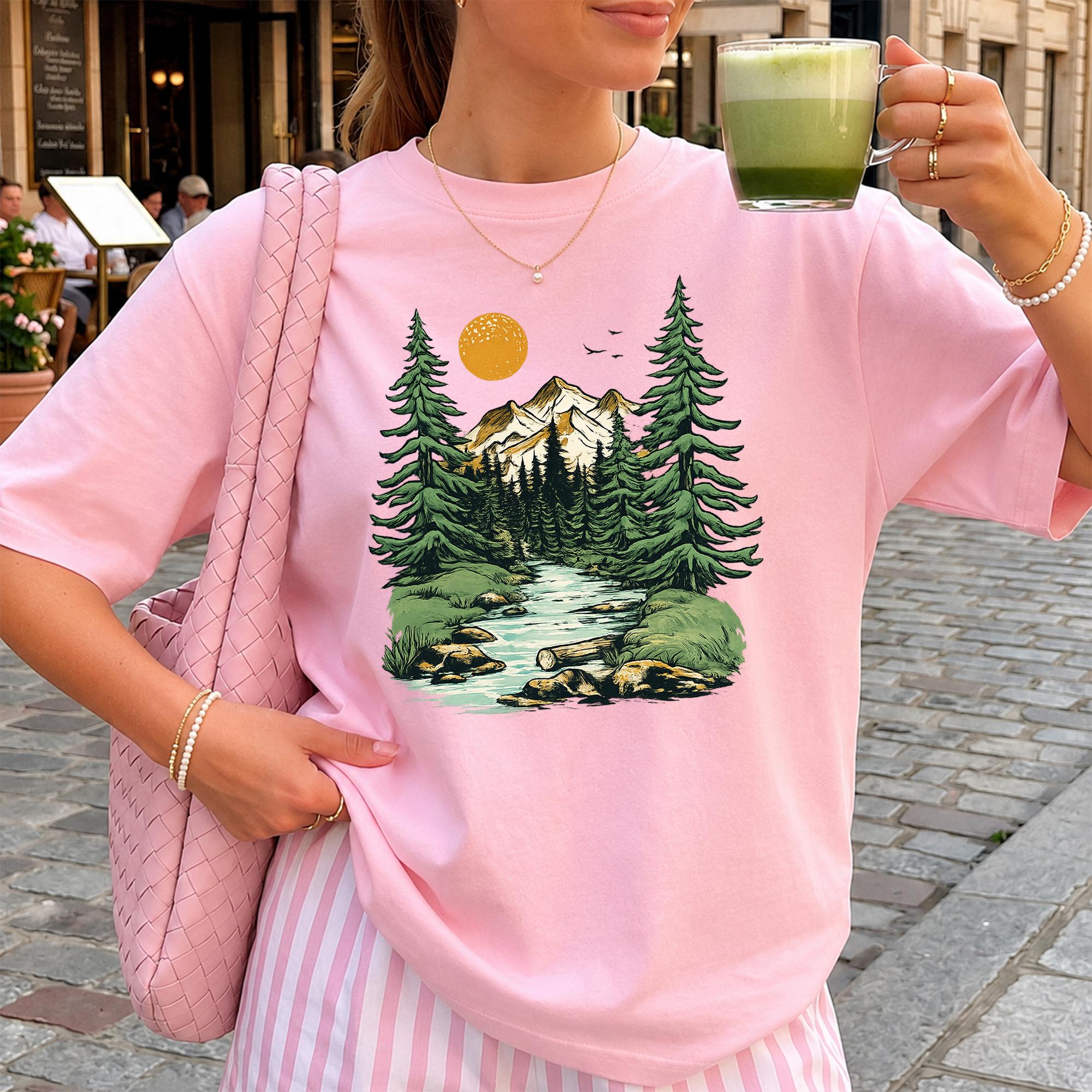 Nature Graphic T-Shirt Oversized Crew Neck Top For Women Eco-Aesthetic Retro Mountain Pine Tree Print White Cotton Blend Streetwear Casual Everyday Outfit Quiet Wellness Hiking Camping Viral TikTok Fashion Trendy Y2K Shirt. 4