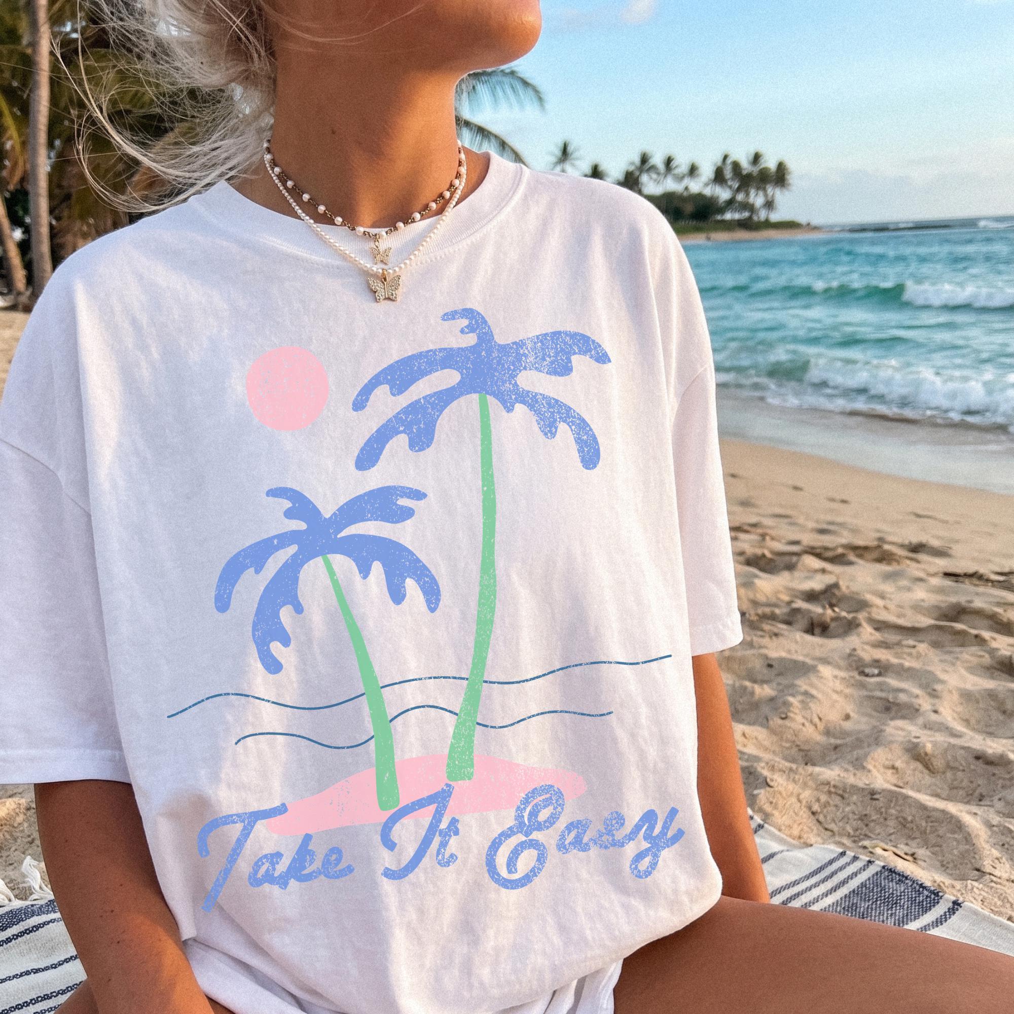 Take It Easy Palm Tree Graphic Oversized T-Shirt for Women and Teens Retro Coastal Granddaughter Beachy Summer Preppy Aesthetic Cream Casual Loose Fit Vacation Graphic Tee Trendy Y2K Summervibes Lounge Wear 4