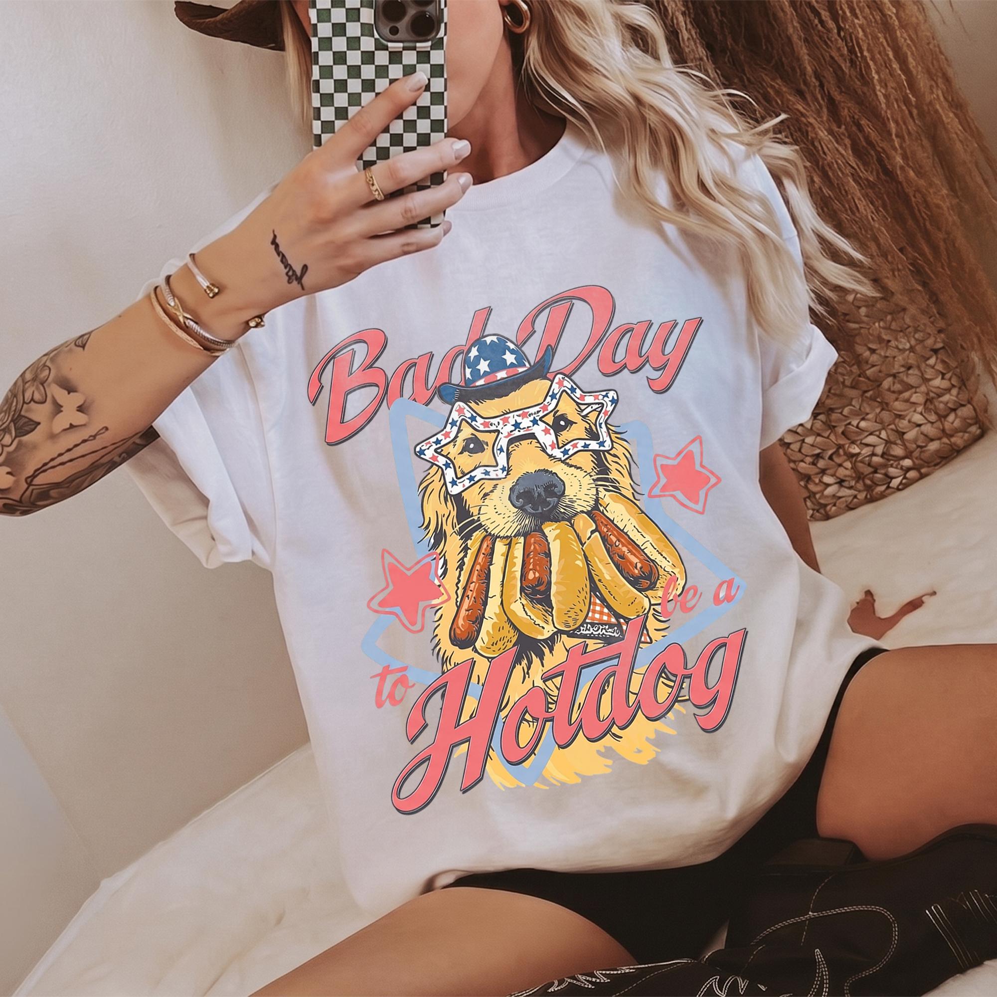 Bad Day To Be A Hotdog Tshirt Funny Independence Day Shirt Golden Retriever 4th Of July Tee Cute 4th of July Dog Lover Gifts USA Patriotic Star Glasses Puppy Graphic T-Shirt Vintage Top for Women Men 4