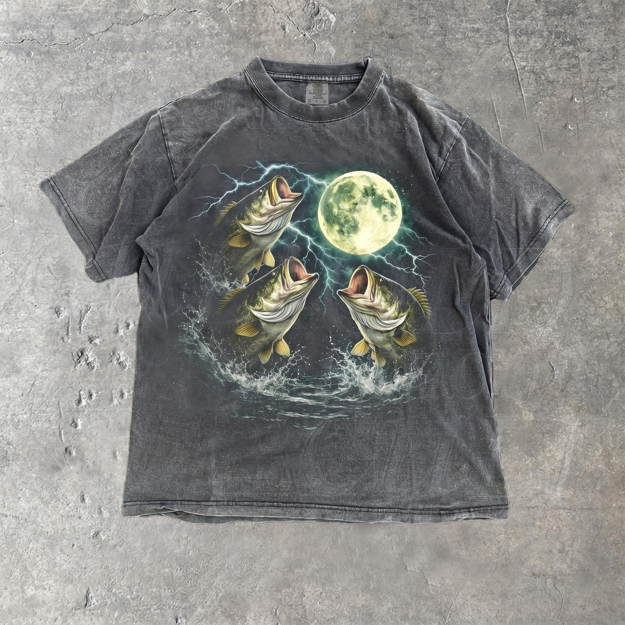 Three Bass Fish Moon 90s Vintage Graphic Parody T Shirt Retro Largemouth Bass Fishing Tee Fisher Gifts Oversized Aesthetic Comfort Colors T-Shirt Outdoor Top Perfect Fisher Gifts Vintage Oversized Aesthetic Lightning Fish T-Shirt 3