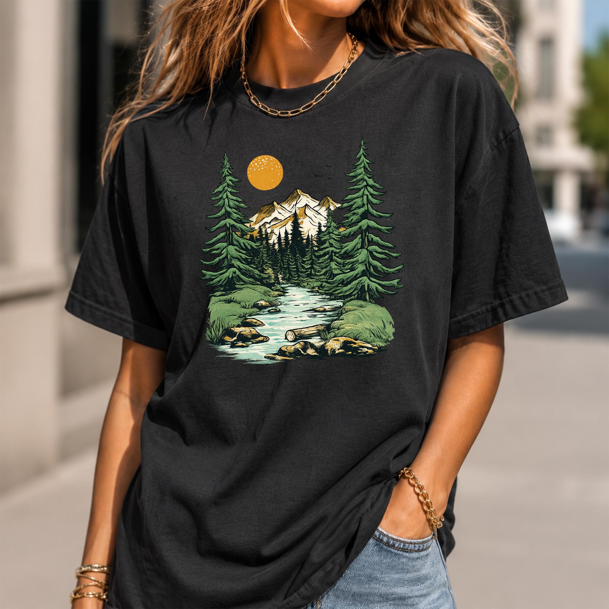Nature Graphic T-Shirt Oversized Crew Neck Top For Women Eco-Aesthetic Retro Mountain Pine Tree Print White Cotton Blend Streetwear Casual Everyday Outfit Quiet Wellness Hiking Camping Viral TikTok Fashion Trendy Y2K Shirt. 3