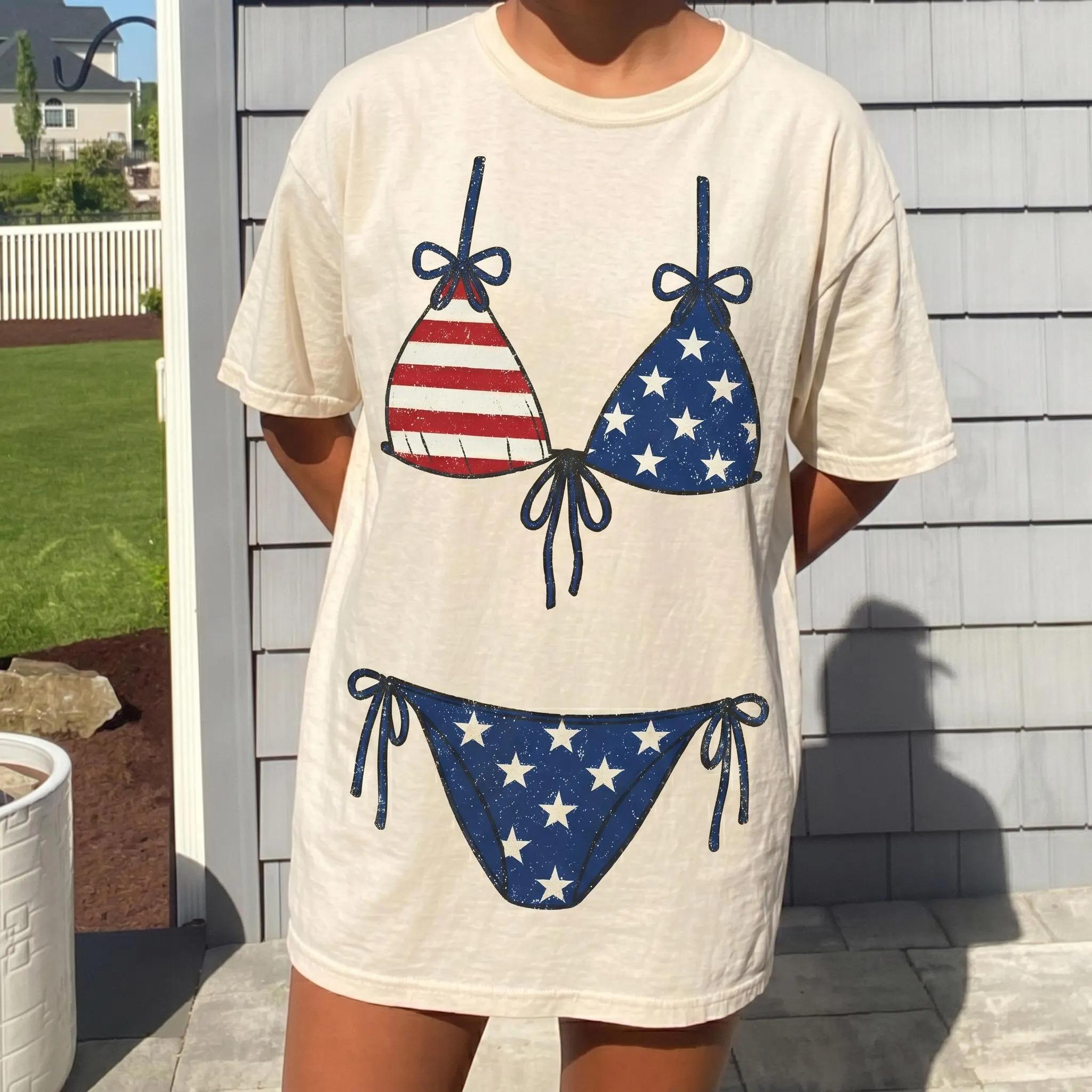 Women's Oversized Round Neck T-Shirt - USA Flag Fake Bikini Graphic, Patriotic Casual Streetwear Top, 4th of July Bachelorette Beach Cover Up, Summer Vacation Women's Clothes 2