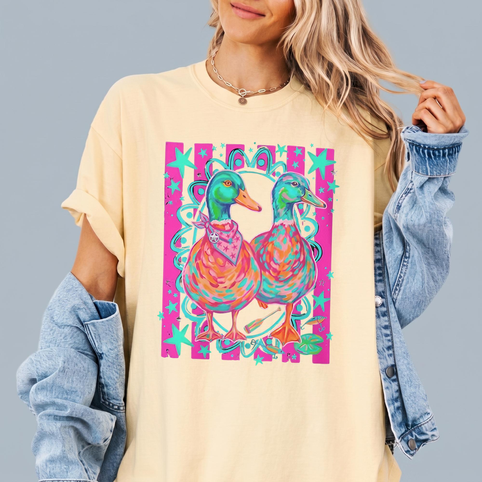 Neon Nautical Mallards Oversized Graphic T-Shirt Unisex Preppy Coquette Vintage 90s Retro Coastal Aesthetic Dark Grey Cotton Tee Waterfowl Duck Print Beach Vacation Summer Festival Top Comfy Casual Wear Trendy 3