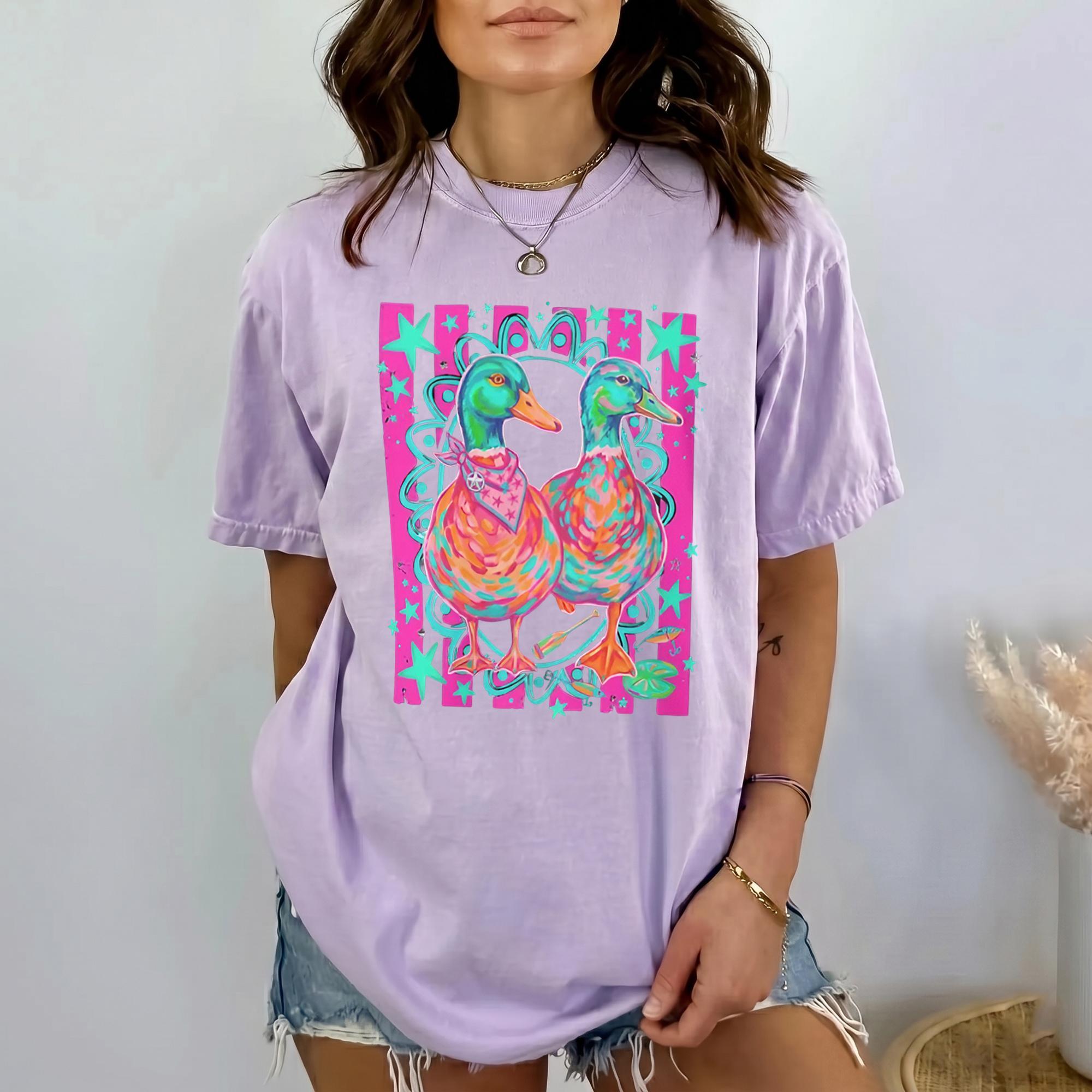 Neon Nautical Mallards Oversized Graphic T-Shirt Unisex Preppy Coquette Vintage 90s Retro Coastal Aesthetic Dark Grey Cotton Tee Waterfowl Duck Print Beach Vacation Summer Festival Top Comfy Casual Wear Trendy 4