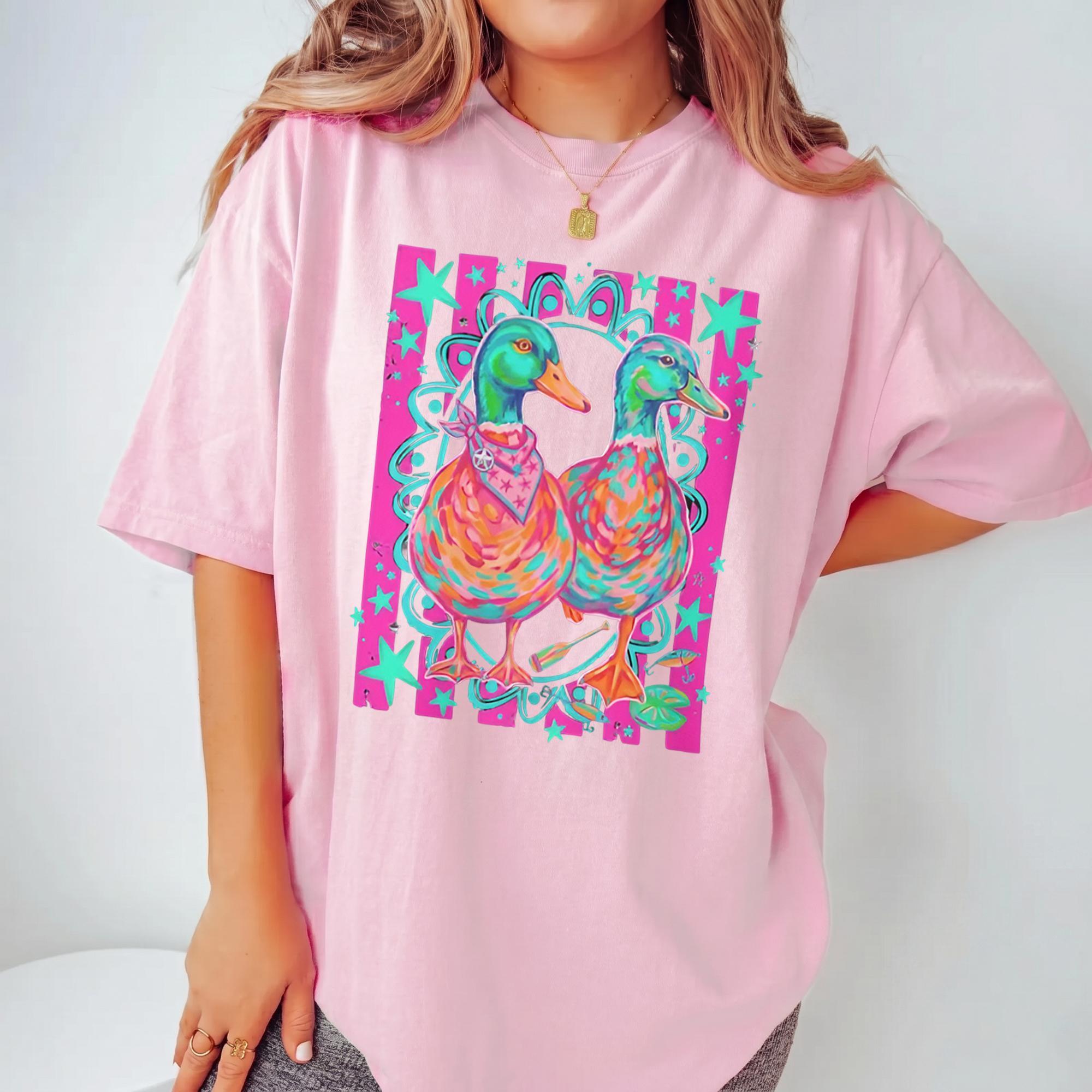 Neon Nautical Mallards Oversized Graphic T-Shirt Unisex Preppy Coquette Vintage 90s Retro Coastal Aesthetic Dark Grey Cotton Tee Waterfowl Duck Print Beach Vacation Summer Festival Top Comfy Casual Wear Trendy 2