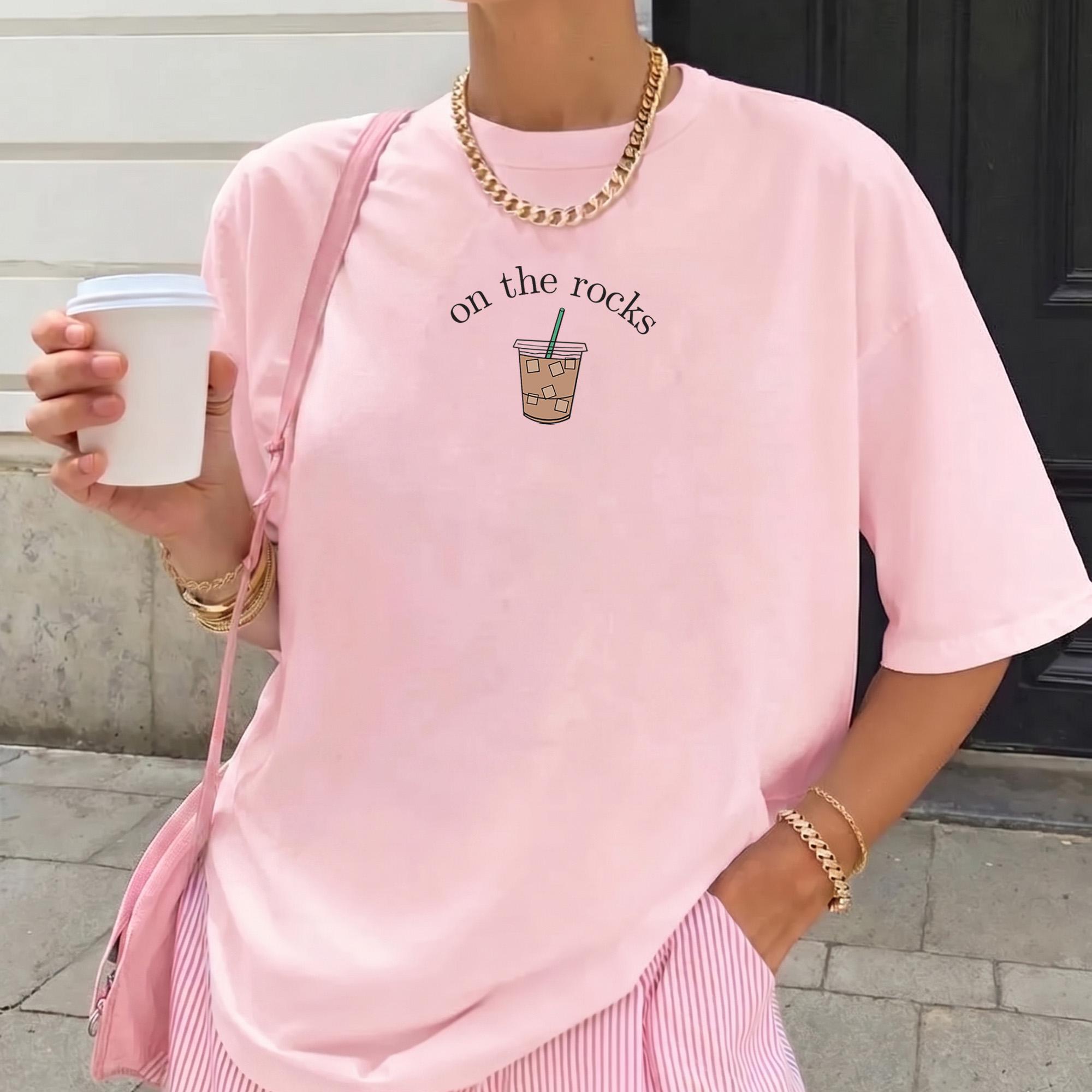 On The Rocks Iced Coffee Graphic T-Shirt for Women Trendy Minimalist Preppy Aesthetic Cream Cotton Blend Coffee Shirt Iced Coffee Lover Gift Coffee Lover Tee Funny Coffee Gift Coffee T-Shirt Coffee T-Shirt Trendy Coffee Lover Shirt 3