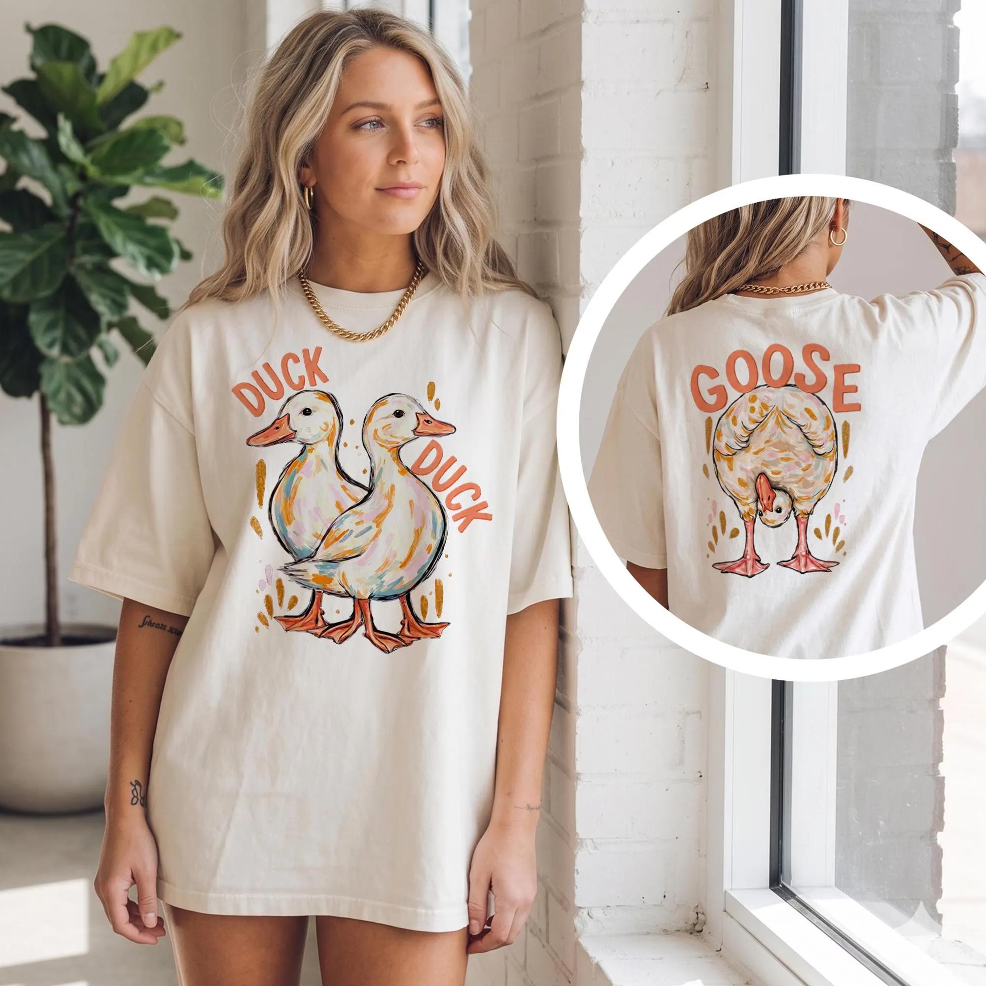 Women's Duck Duck Goose Graphic Oversized Fleece-Blend Breathable Tee - Ribbed, Kangaroo Pocket, Wrap Design, Matching Retro Preppy Granola Girl Aesthetic Casual Streetwear Loungewear 4